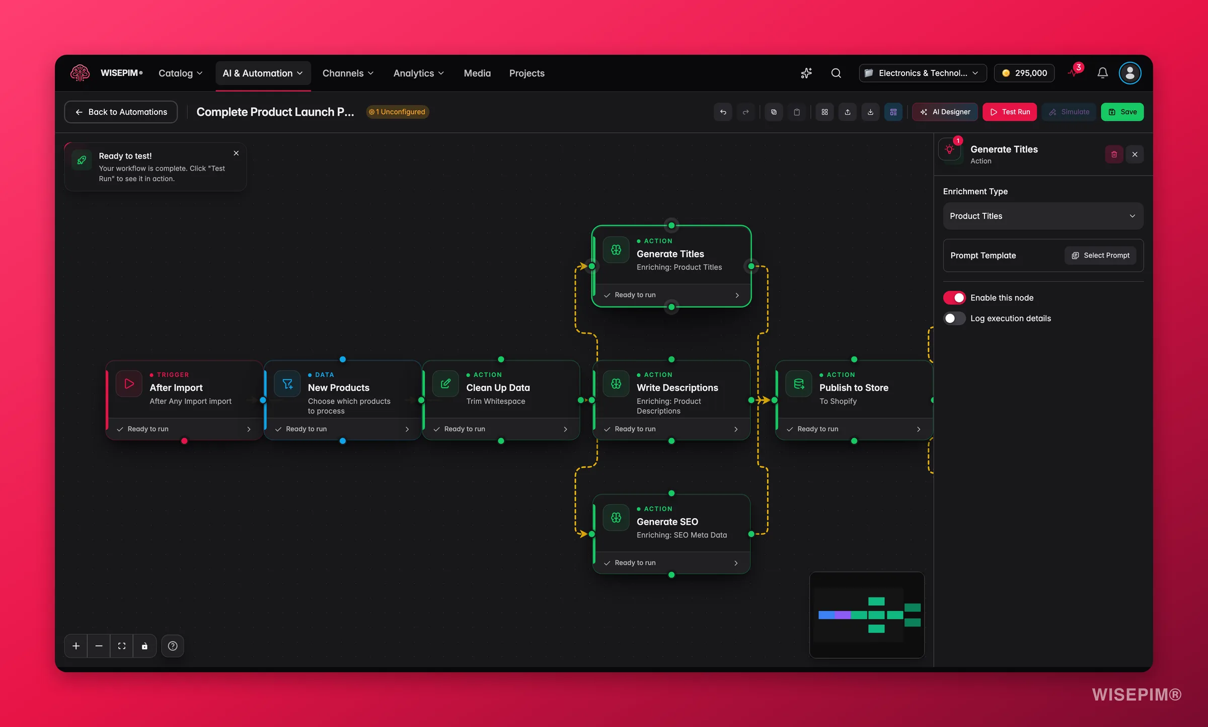 WISEPIM automation, AI enrichment node config (enrichment type + prompt) in the builder