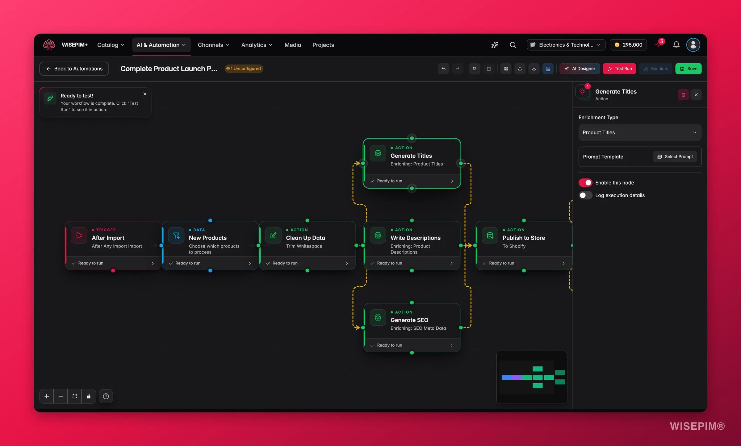 WISEPIM automation, AI enrichment node config (enrichment type + prompt) in the builder