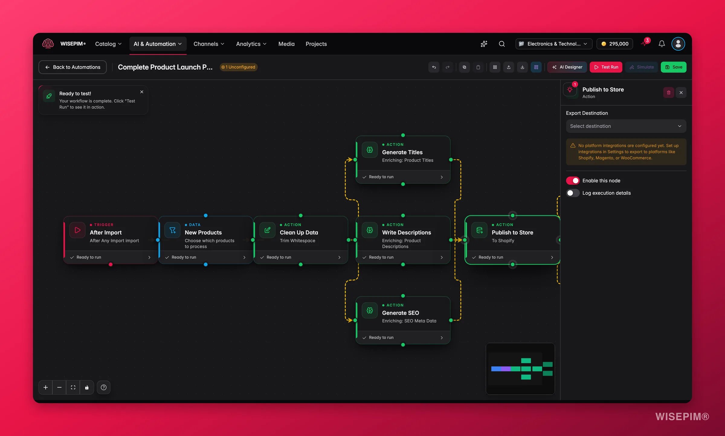 WISEPIM automation - export/publish node config (destination + format) in the builder