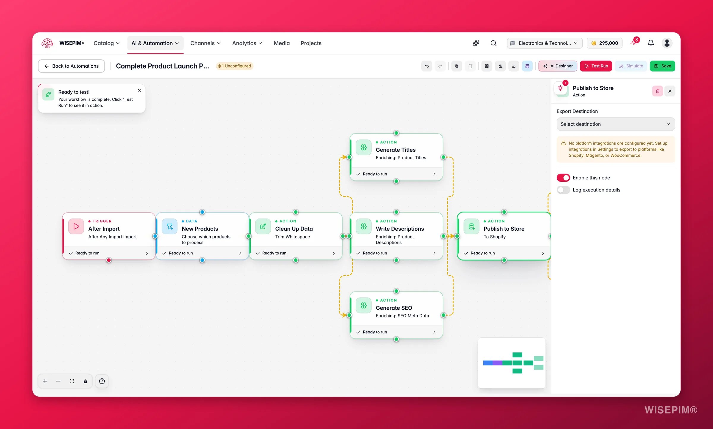 WISEPIM automation - export/publish node config (destination + format) in the builder
