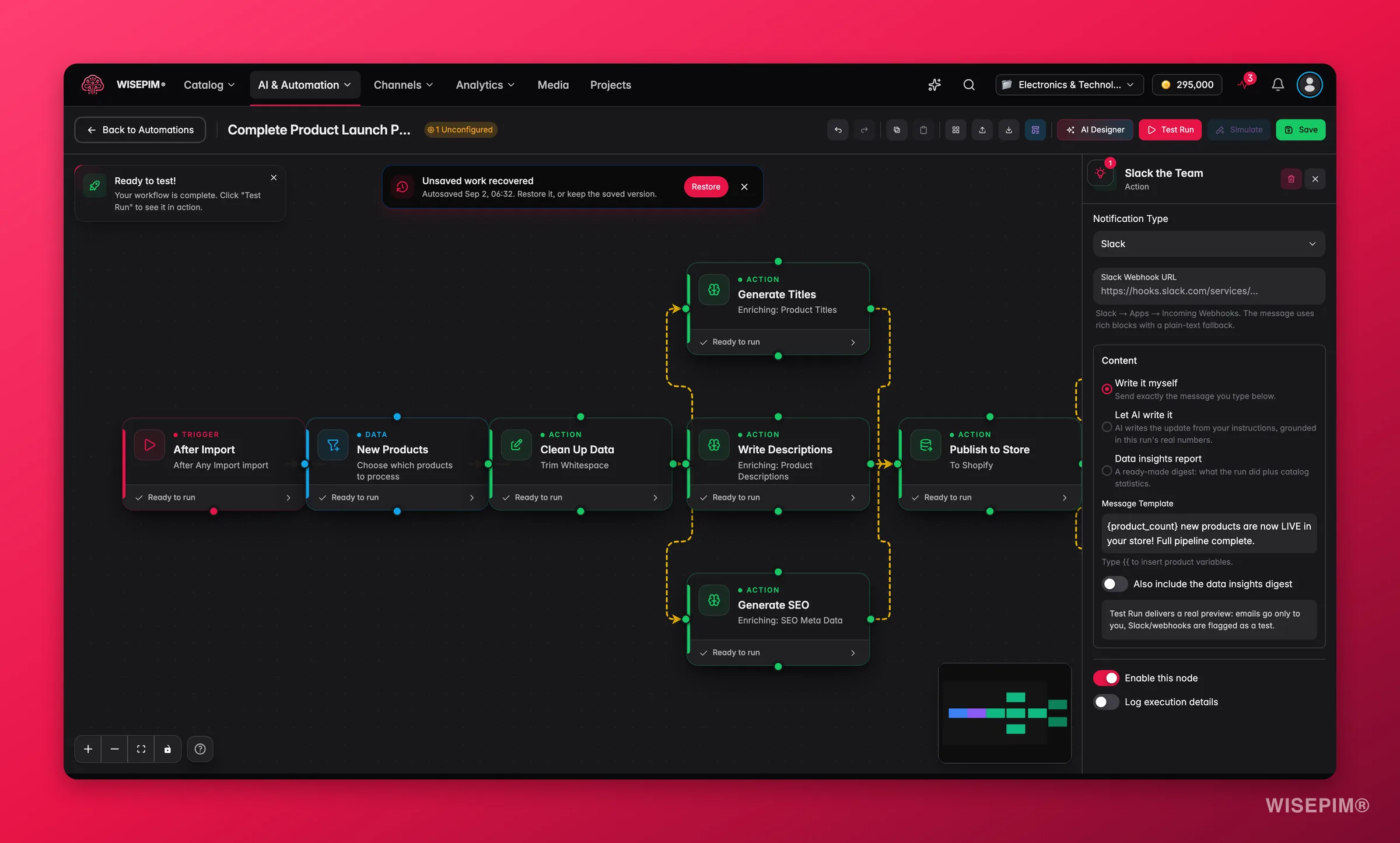 WISEPIM automation - notification node config (channel + message template) in the builder