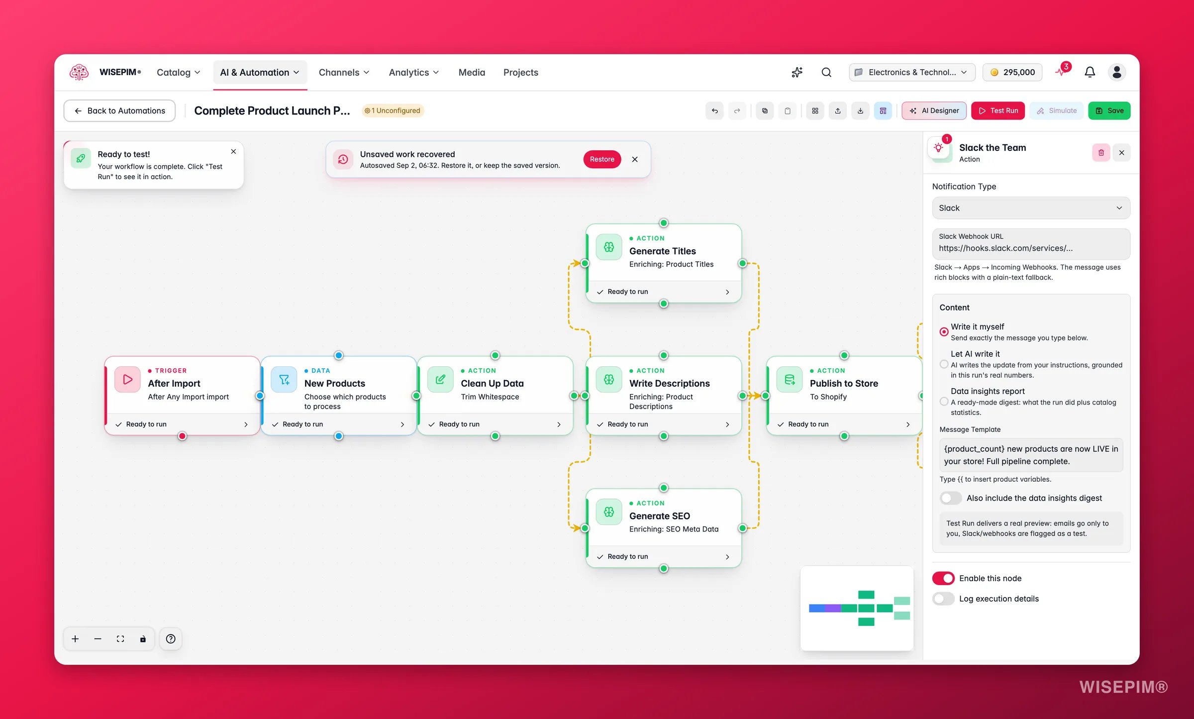 WISEPIM automation - notification node config (channel + message template) in the builder