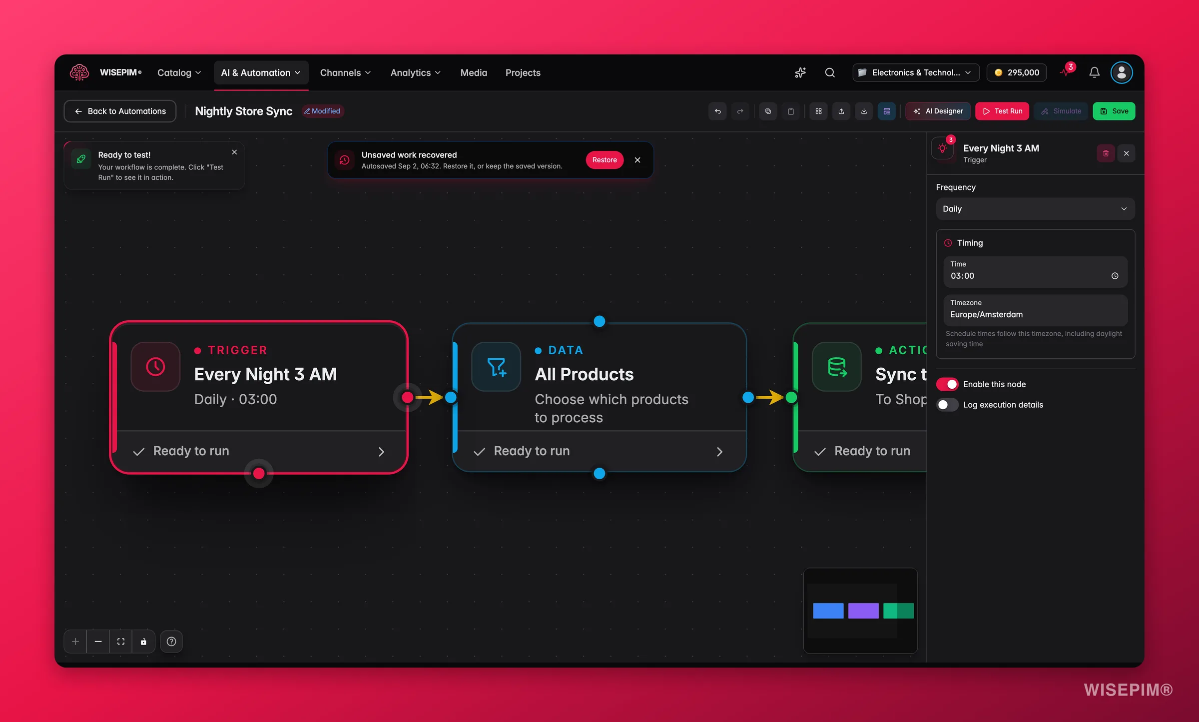 WISEPIM automation, schedule trigger node config (frequency + time) in the builder