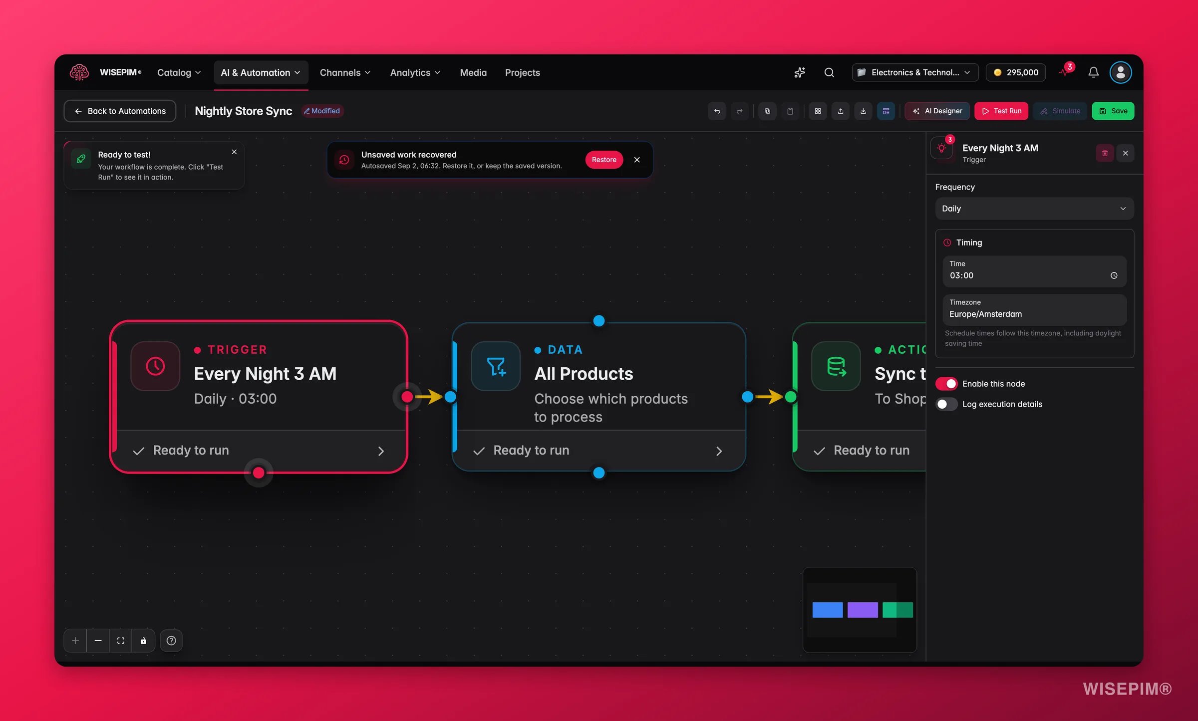 WISEPIM automation, schedule trigger node config (frequency + time) in the builder