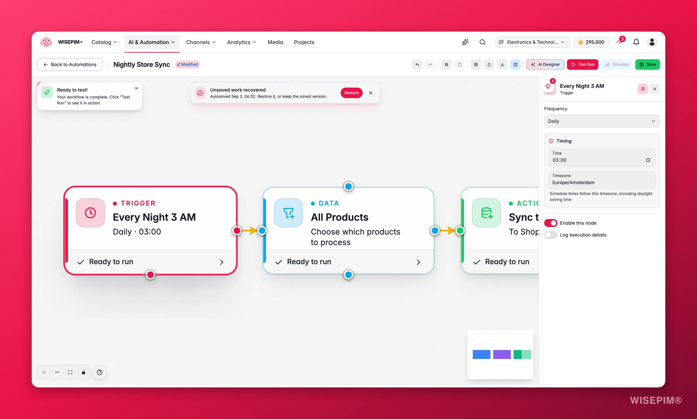 WISEPIM automation, schedule trigger node config (frequency + time) in the builder