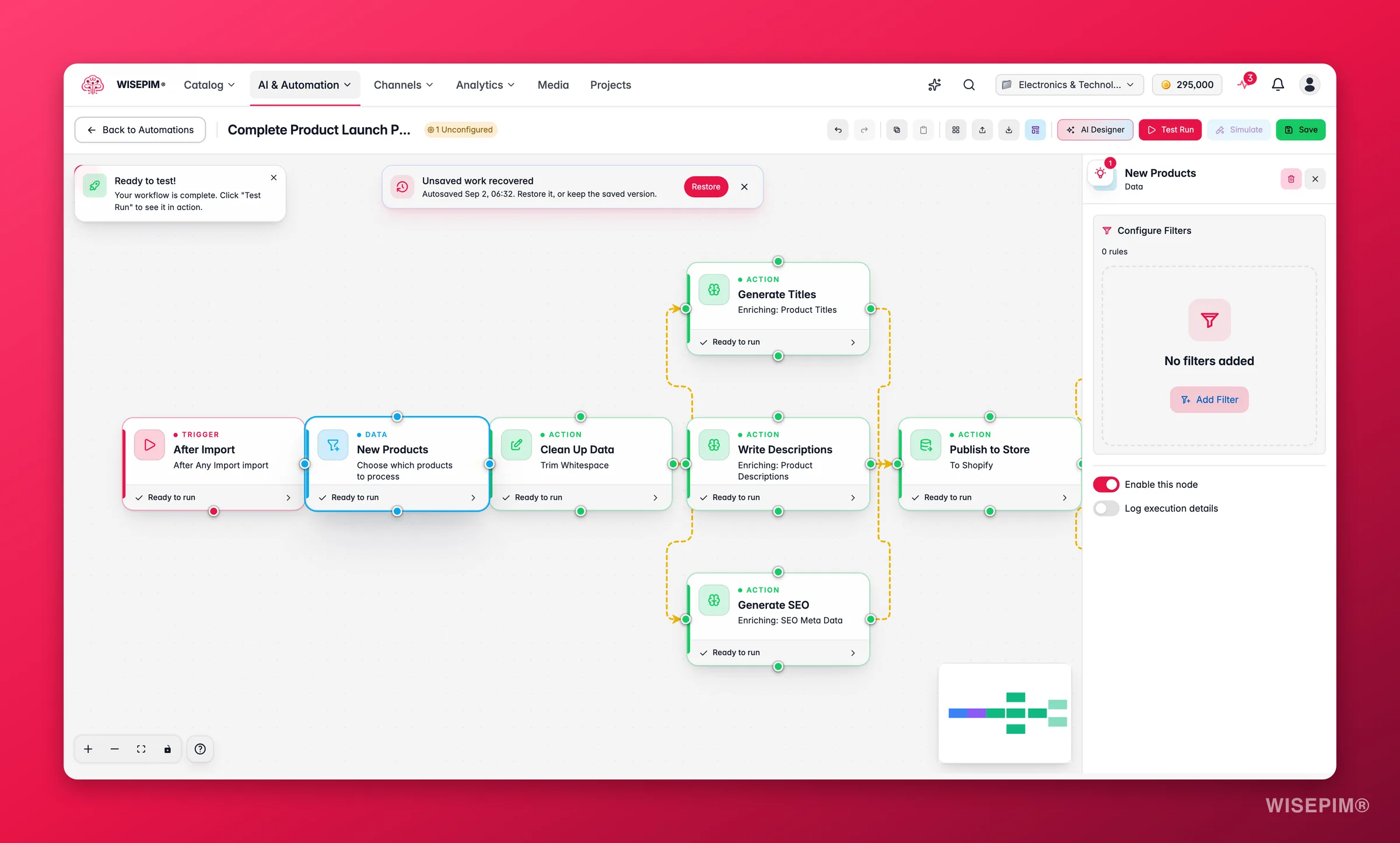 WISEPIM Automatisierung: Konfiguration des Datenknotens „Produkte auswählen“ (Filterbedingungen) im Builder