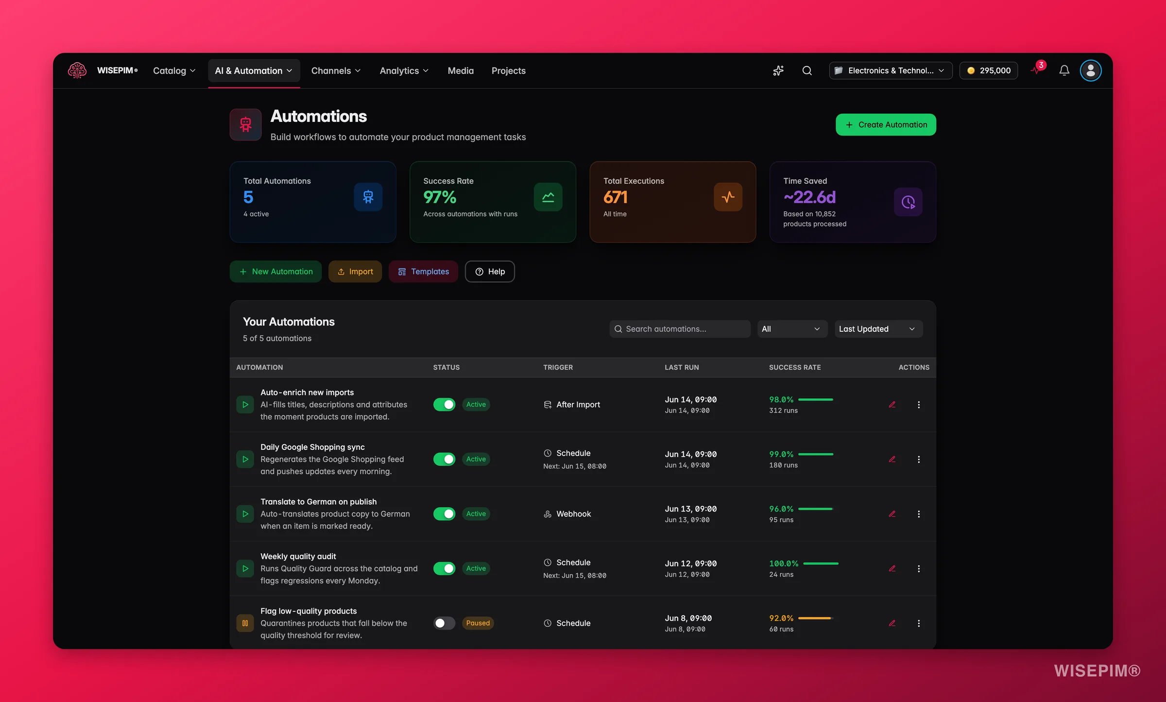 WISEPIM automations list with triggers, run counts and status