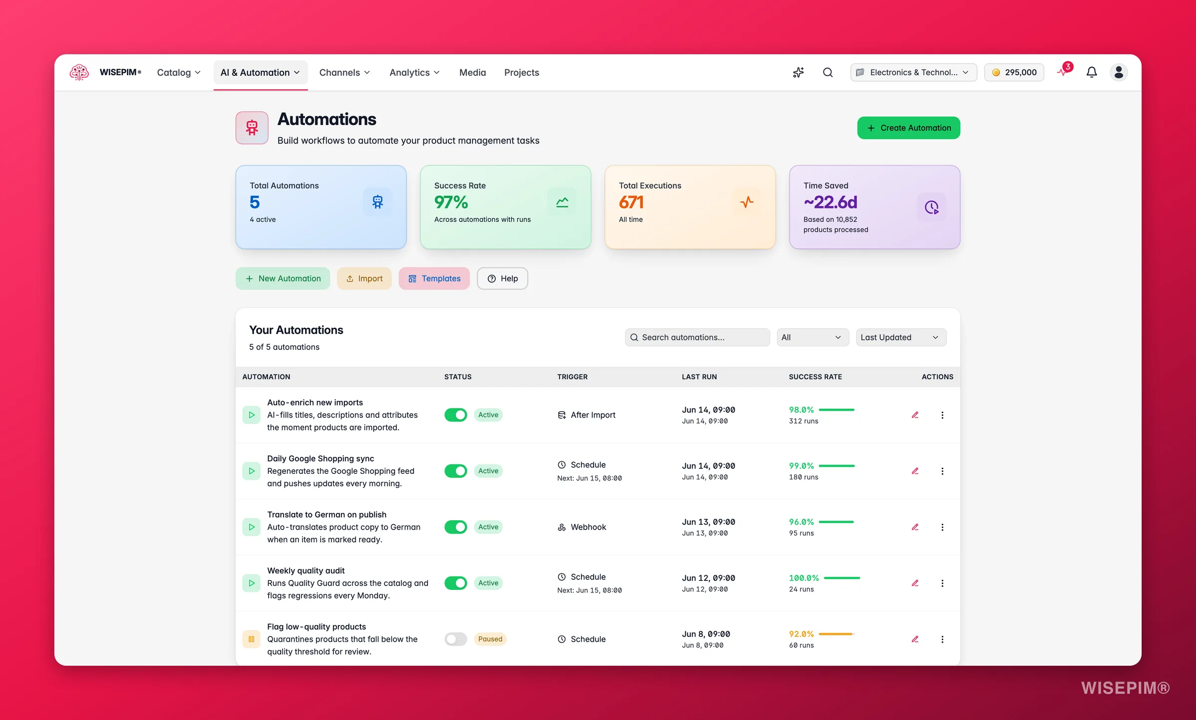 WISEPIM automations list with triggers, run counts and status
