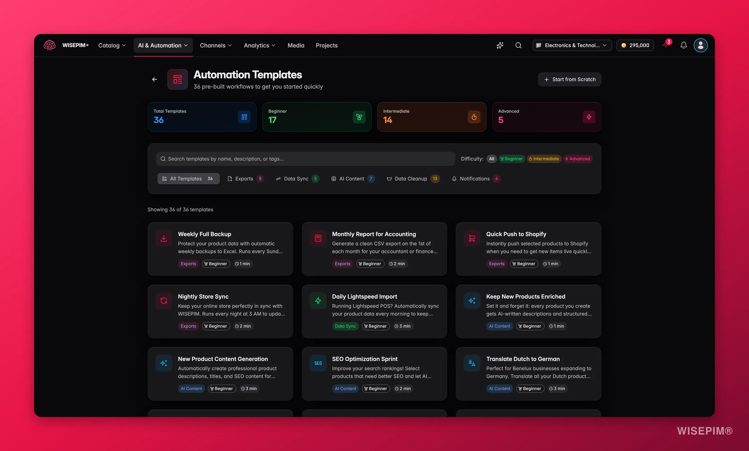 WISEPIM automation template gallery with ready-made workflows