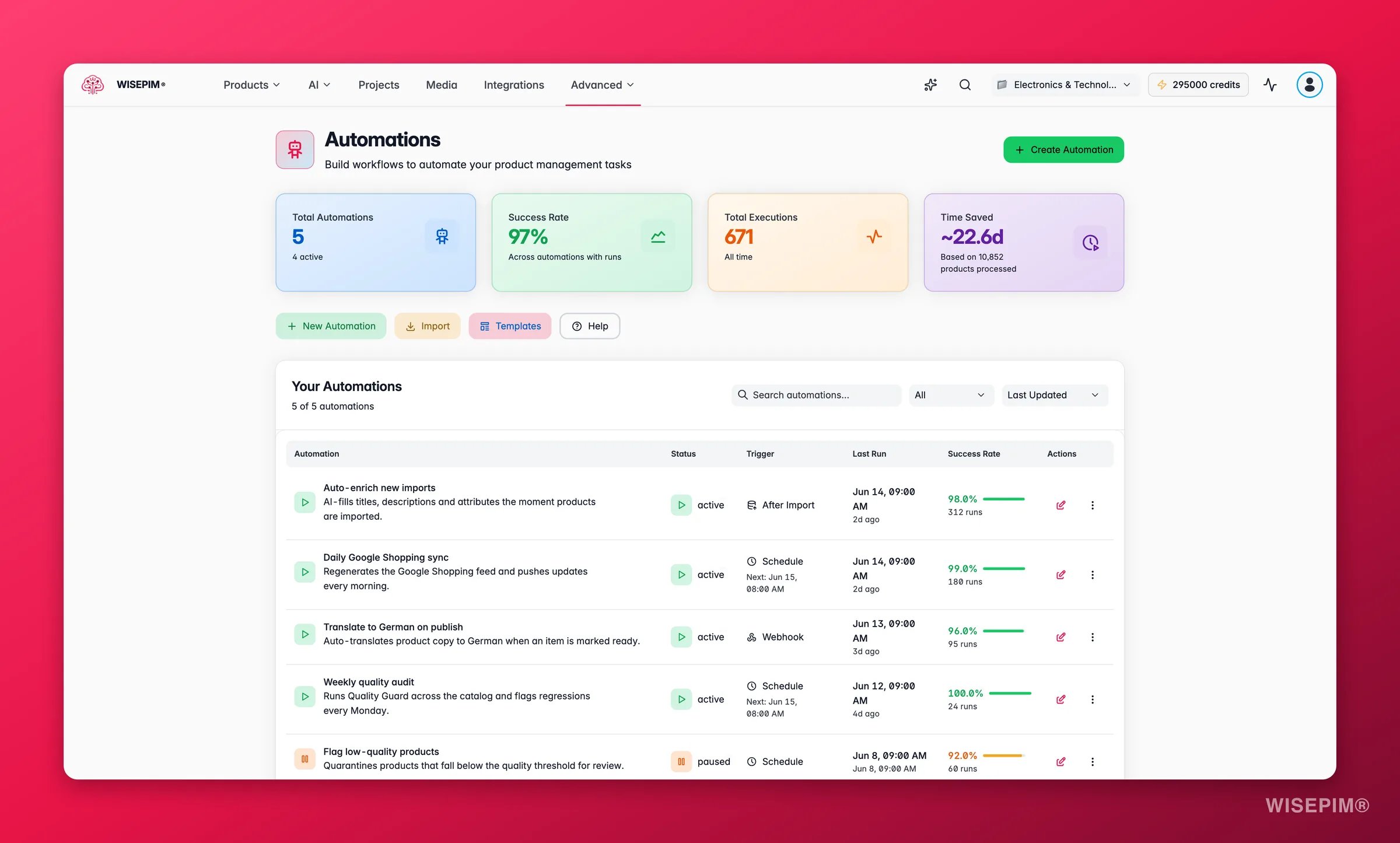 WISEPIM automations list with triggers, run counts and status