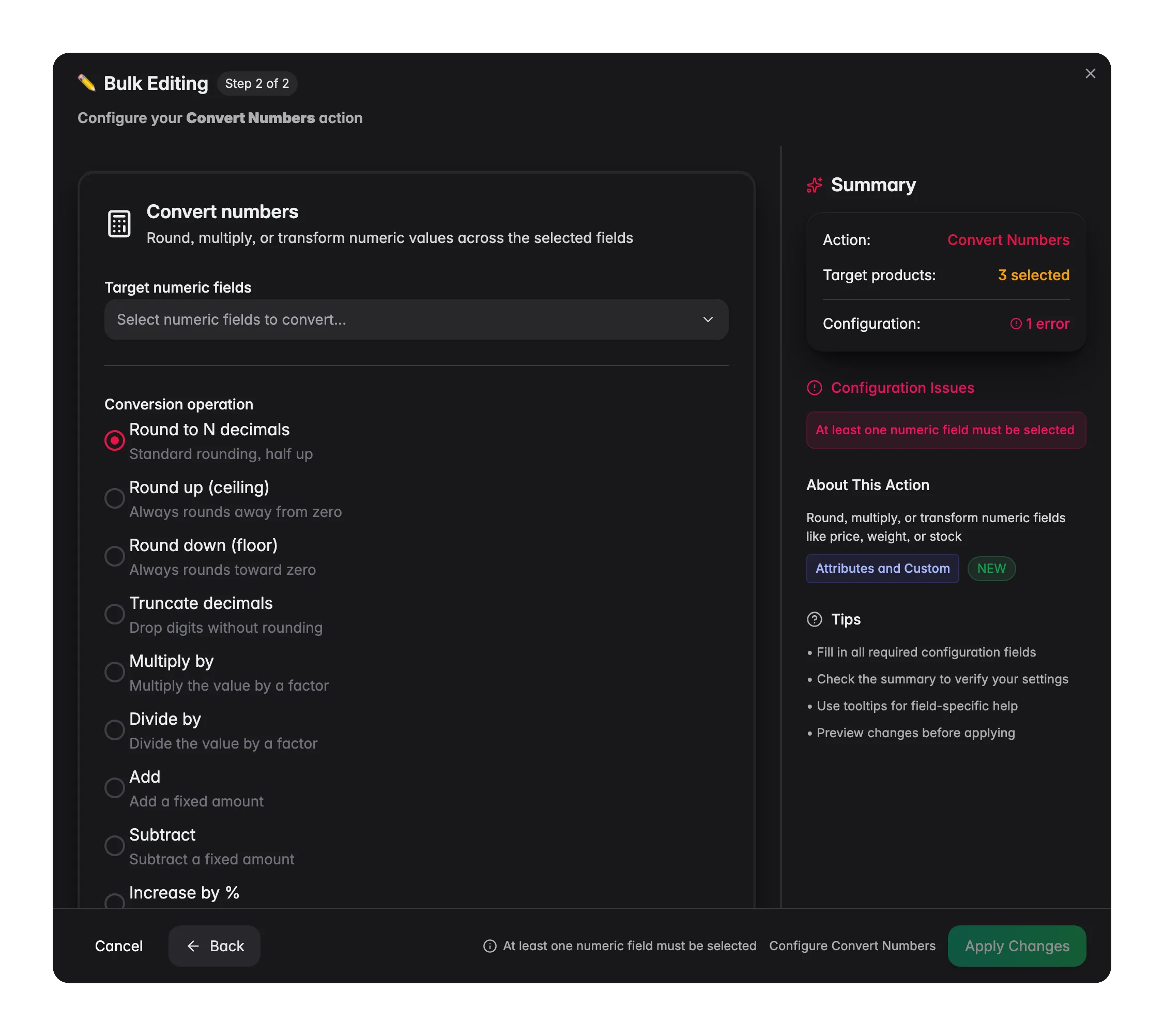 Bulk editing, Convert Numbers across many products at once in WISEPIM