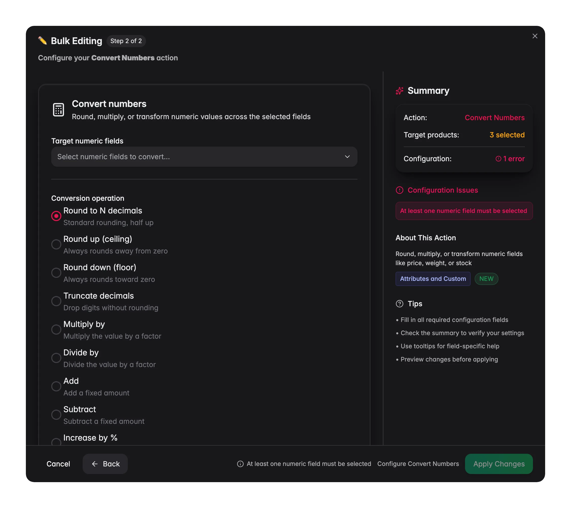 Bulk editing, Convert Numbers across many products at once in WISEPIM