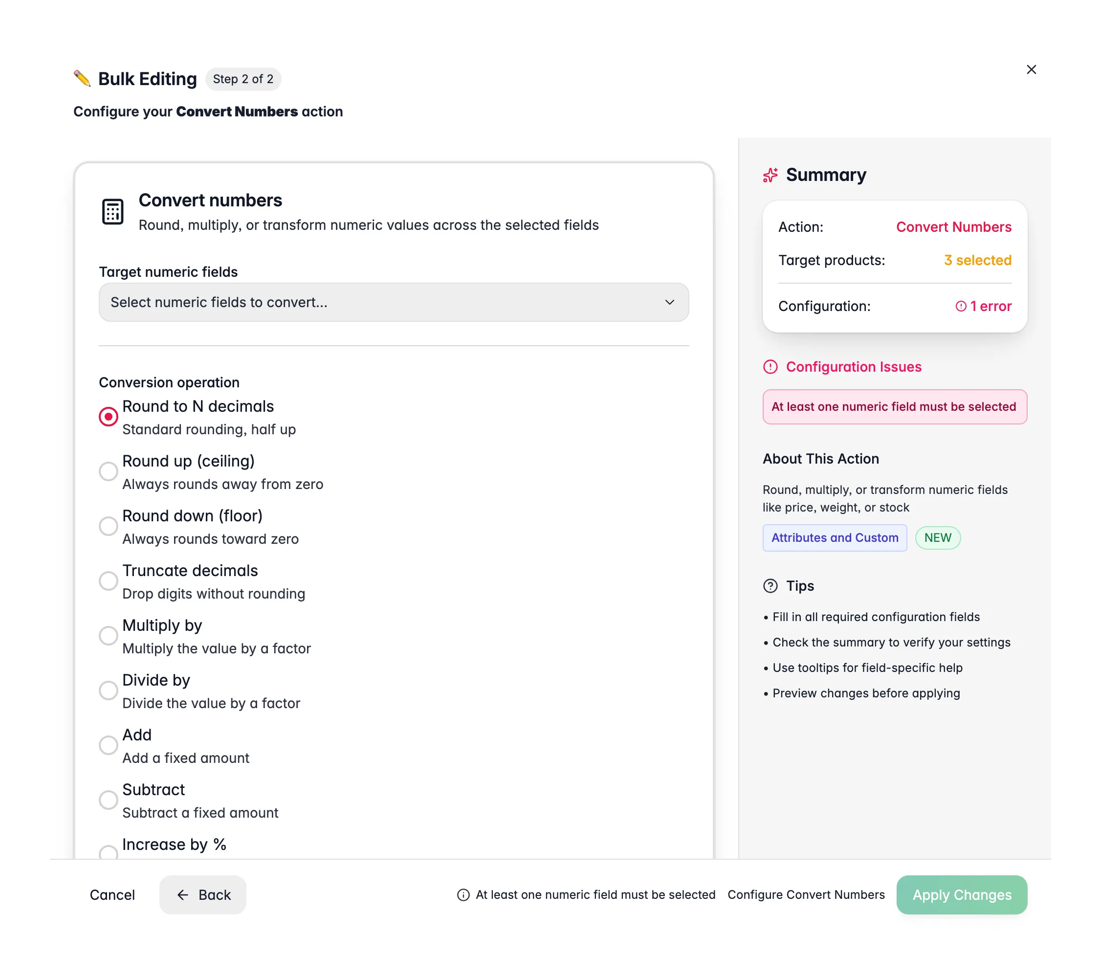 Bulk editing, Convert Numbers across many products at once in WISEPIM