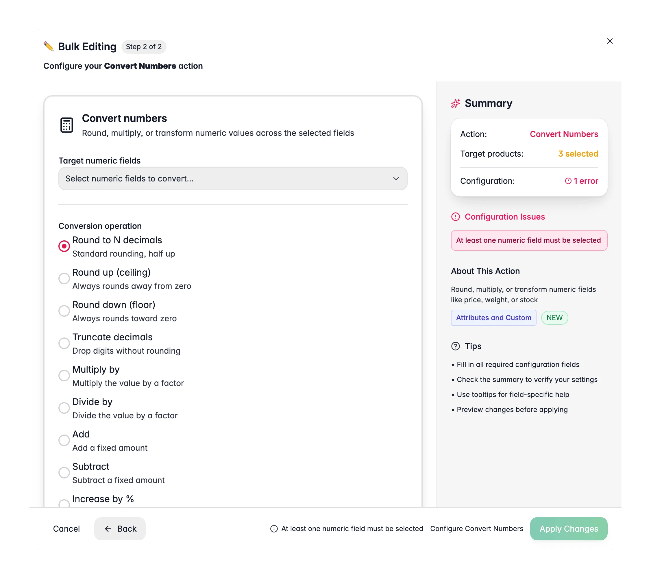 Bulk editing, Convert Numbers across many products at once in WISEPIM
