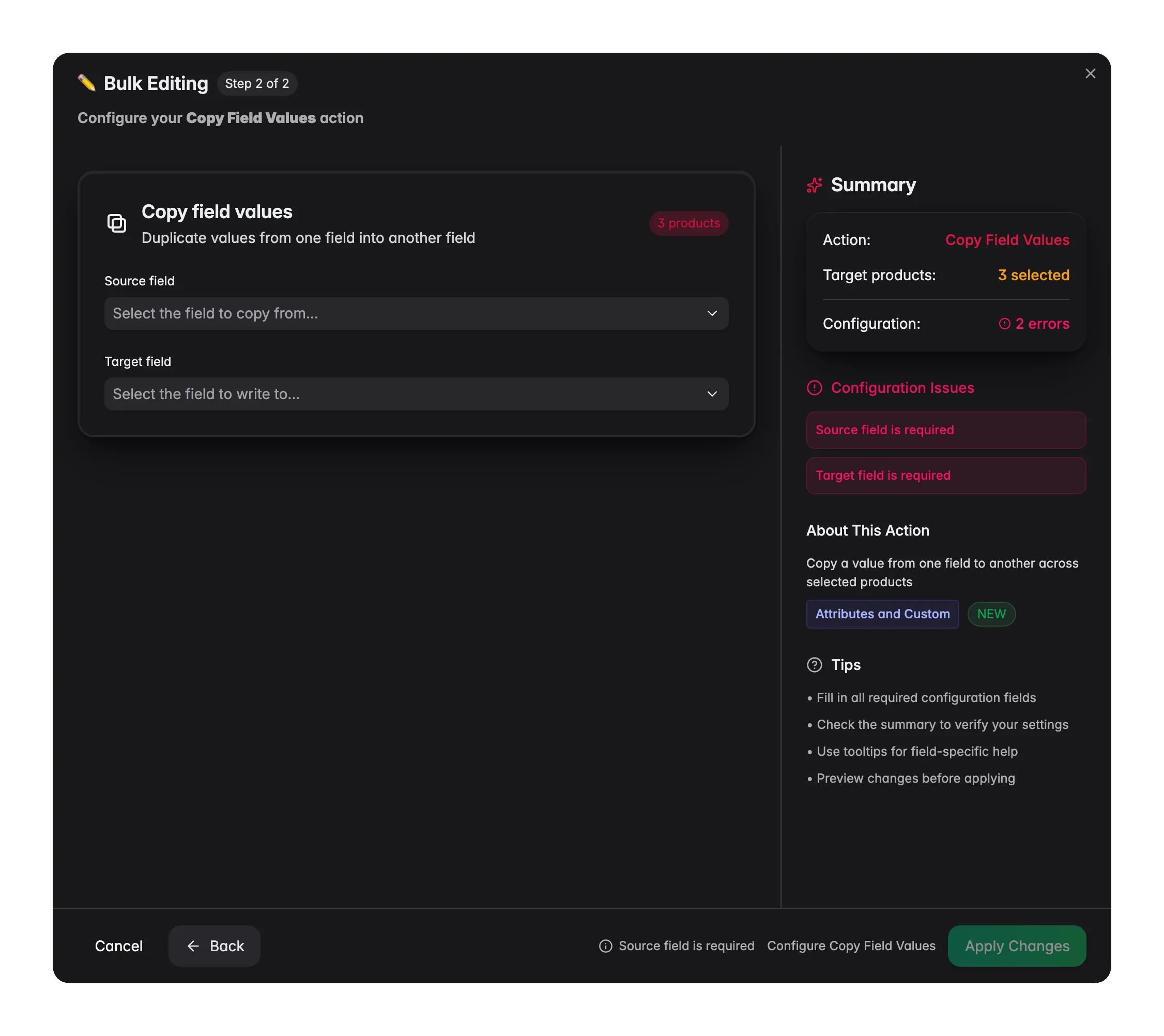 Bulk editing, Copy Field Values across many products at once in WISEPIM