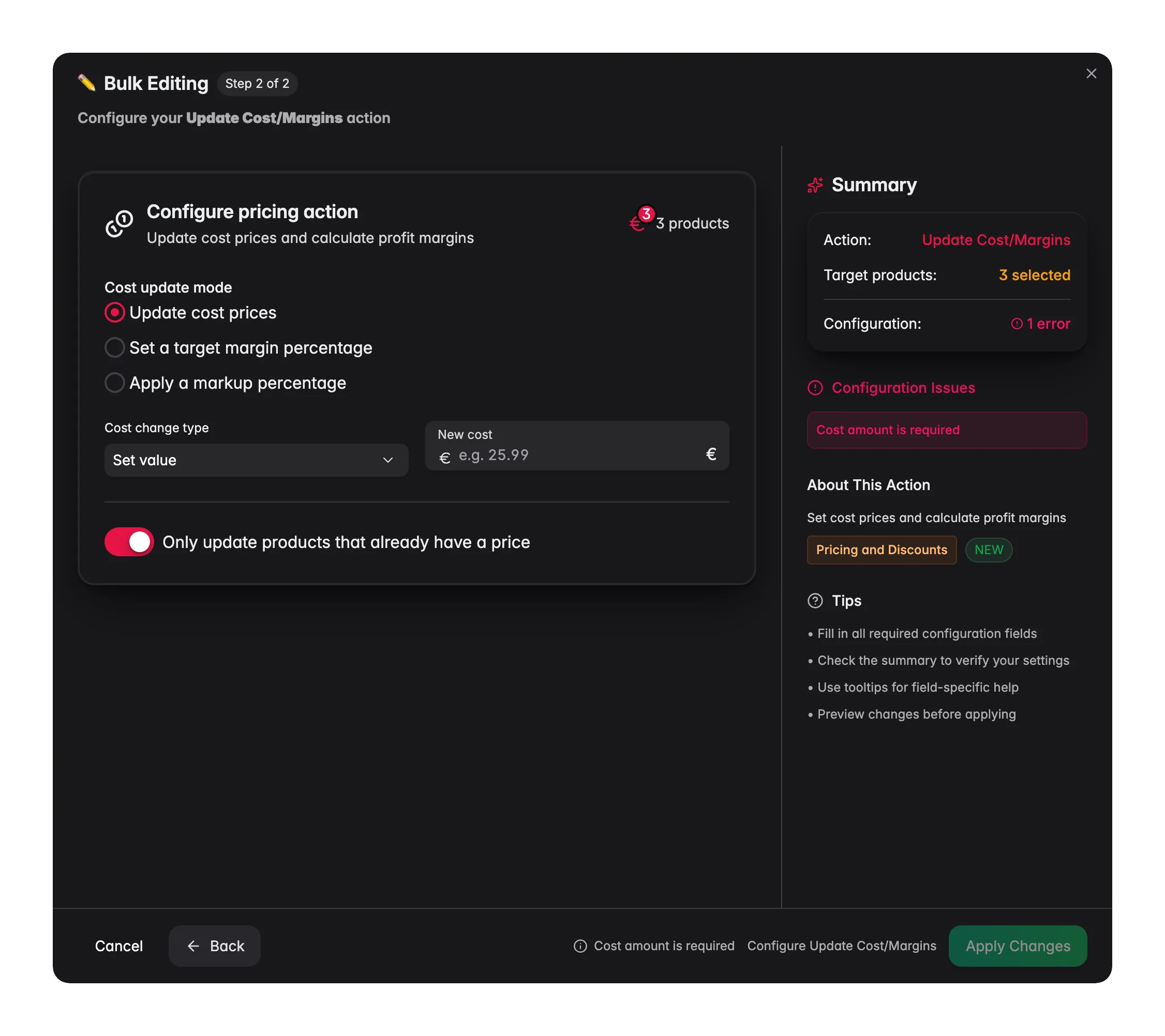 Bulk editing, Update Cost/Margins across many products at once in WISEPIM