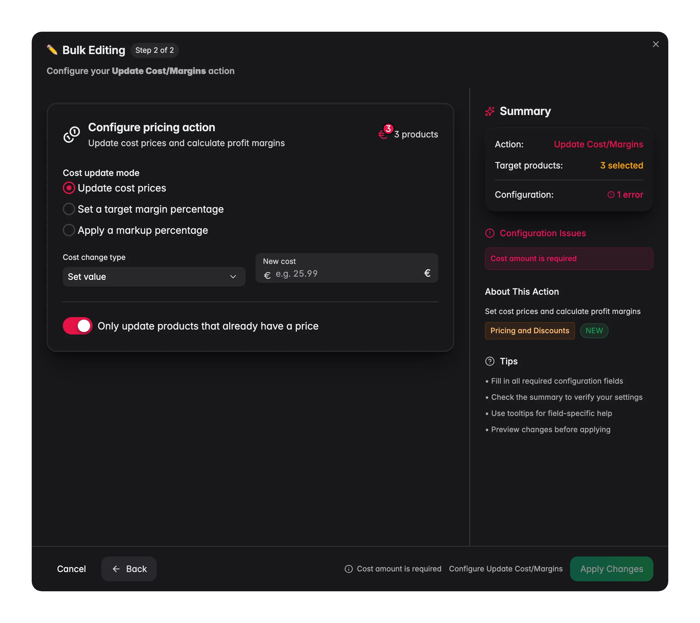 Bulk editing, Update Cost/Margins across many products at once in WISEPIM