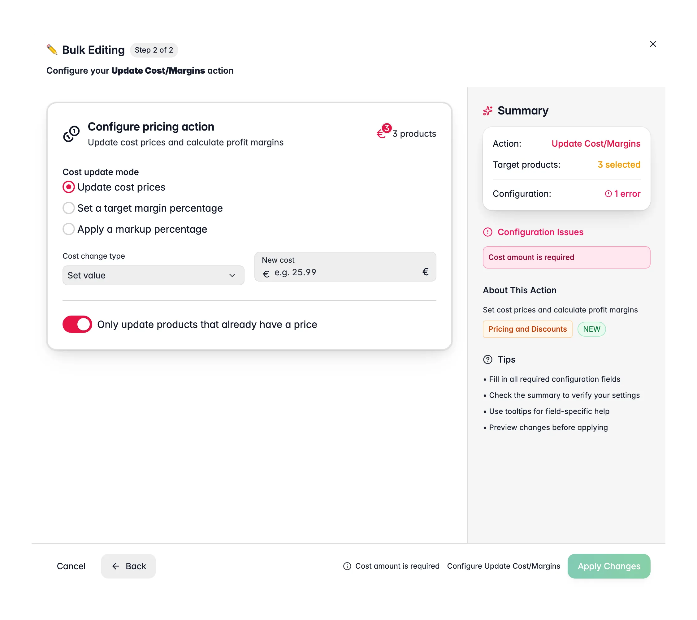 Bulk editing, Update Cost/Margins across many products at once in WISEPIM