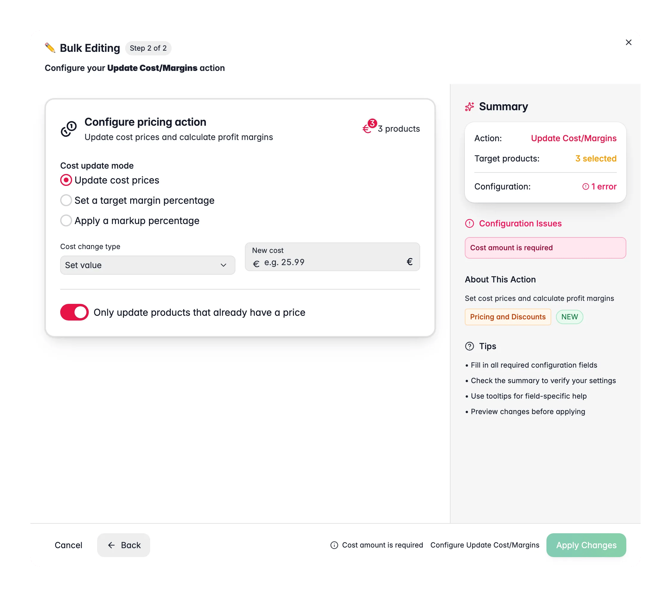 Bulk editing, Update Cost/Margins across many products at once in WISEPIM