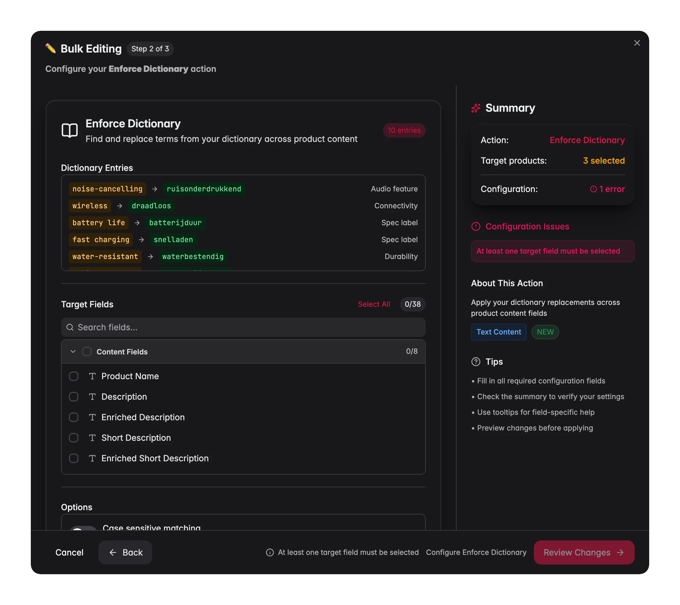Bulk editing, Enforce Dictionary across many products at once in WISEPIM