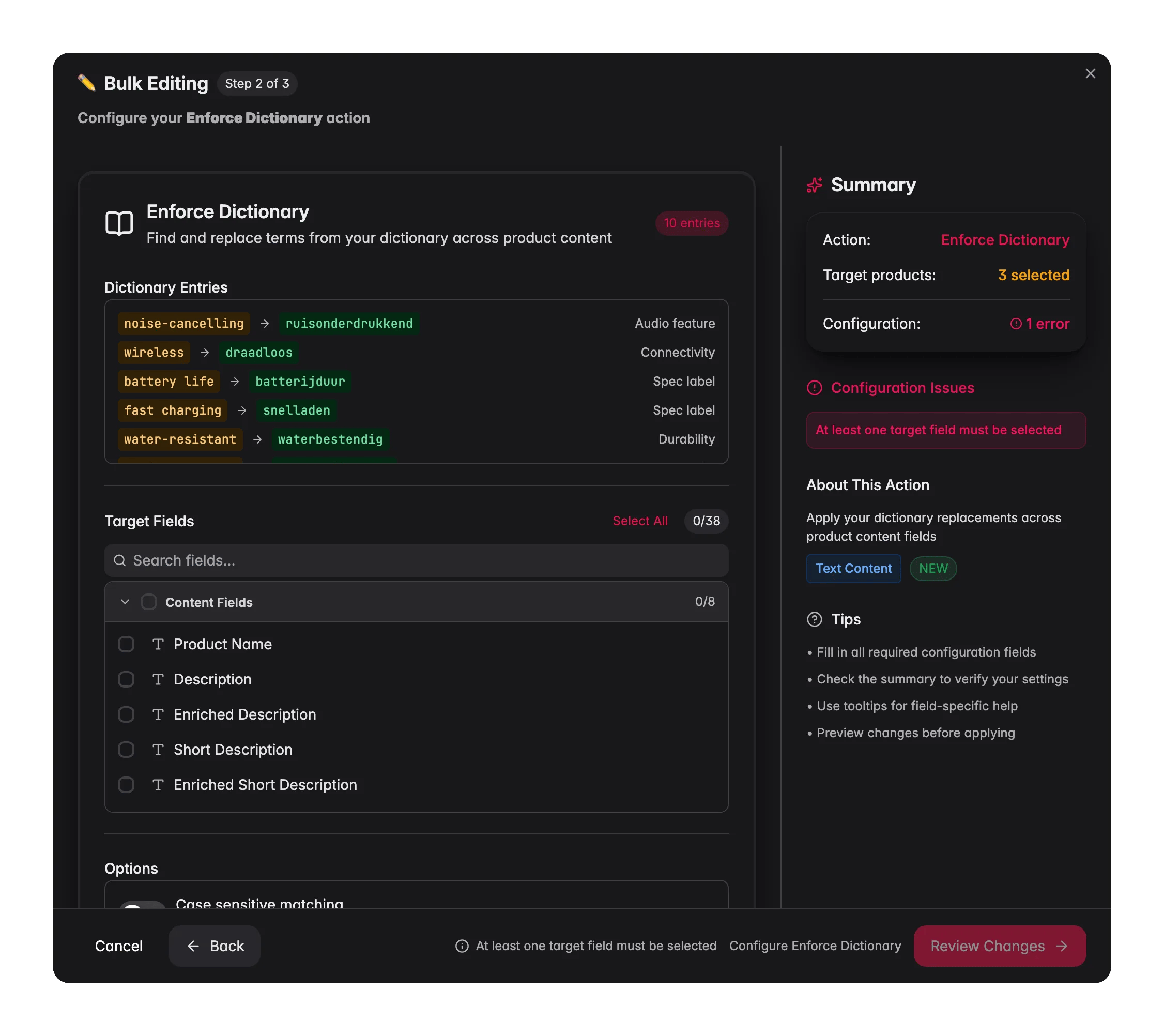 Bulk editing, Enforce Dictionary across many products at once in WISEPIM