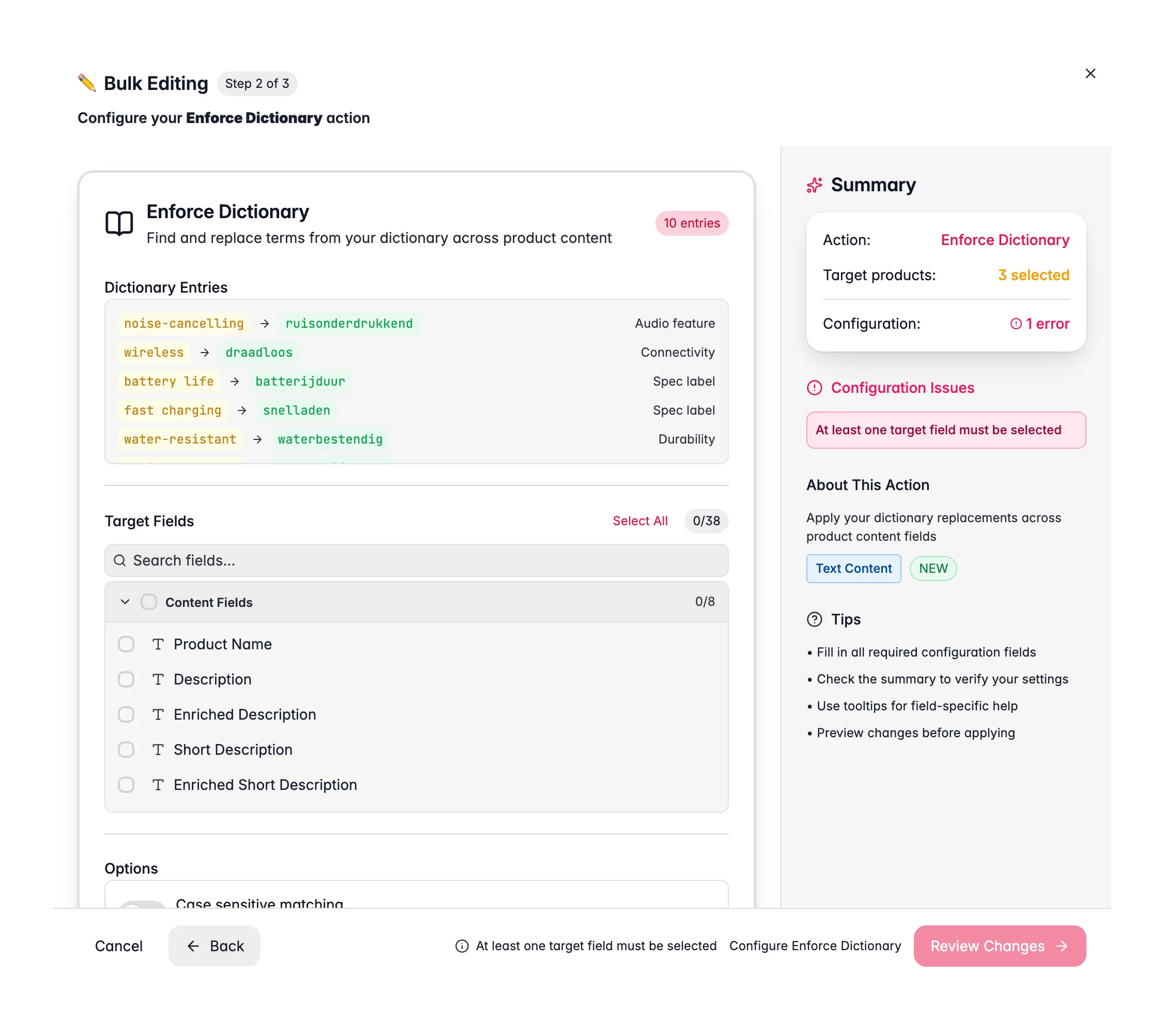 Bulk editing, Enforce Dictionary across many products at once in WISEPIM