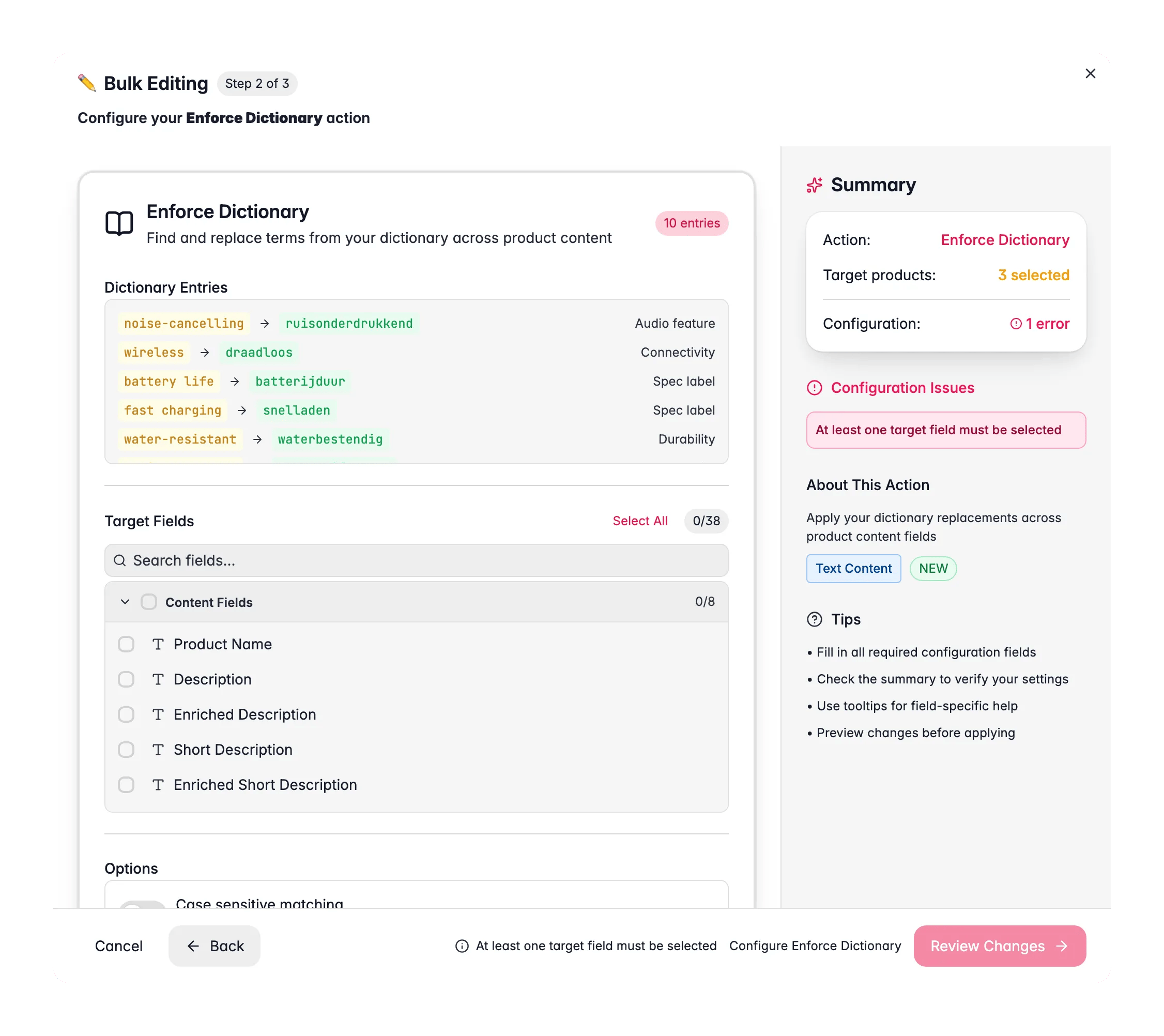 Bulk editing, Enforce Dictionary across many products at once in WISEPIM