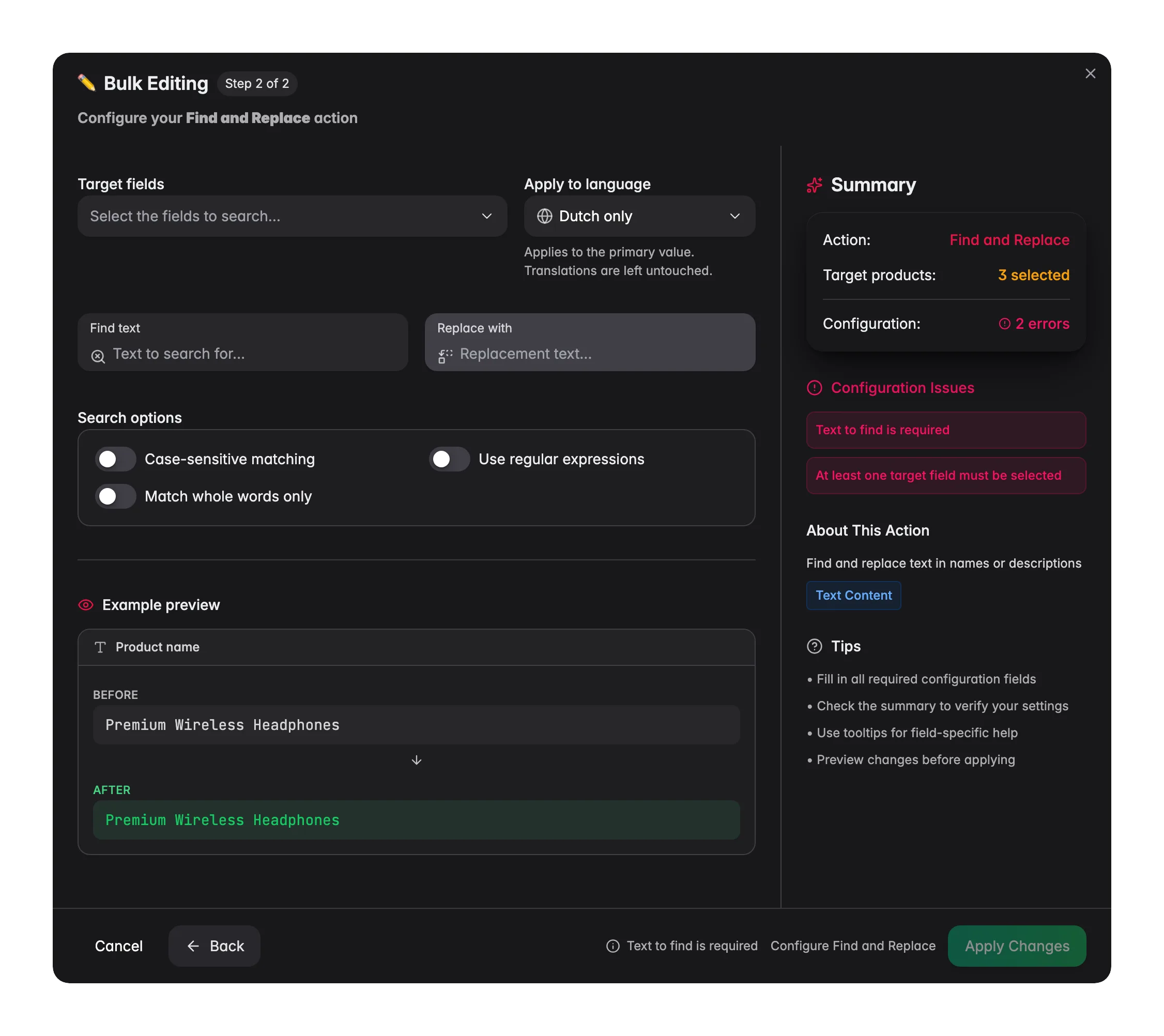 Bulk editing, Find and Replace across many products at once in WISEPIM