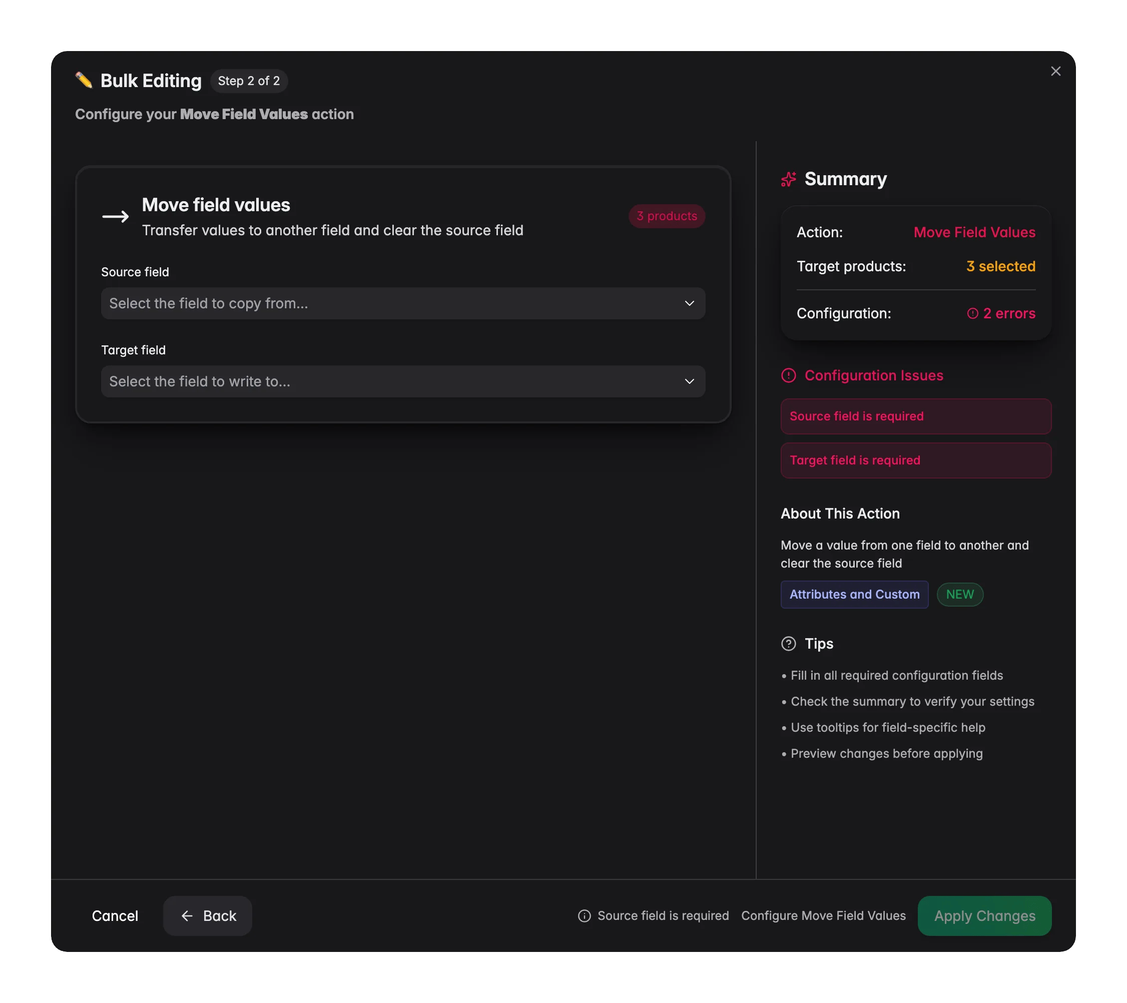 Bulk editing, Move Field Values across many products at once in WISEPIM