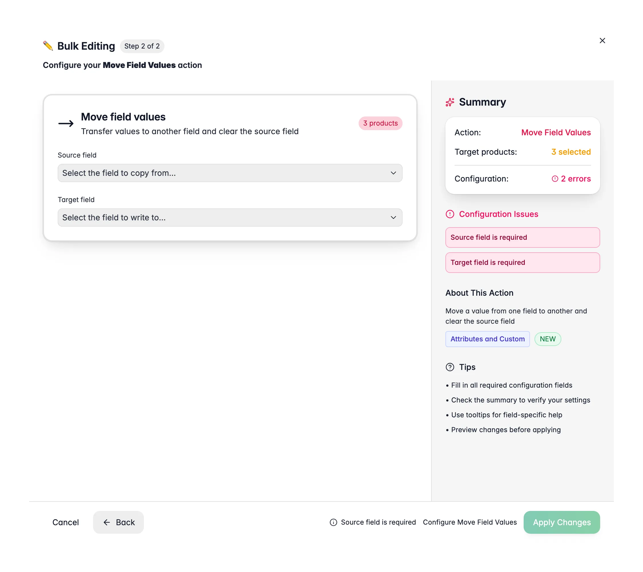 Bulk editing, Move Field Values across many products at once in WISEPIM