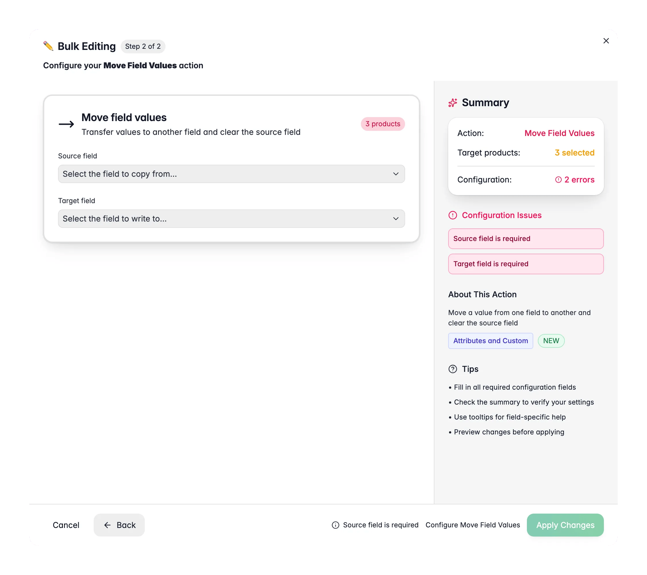 Bulk editing, Move Field Values across many products at once in WISEPIM