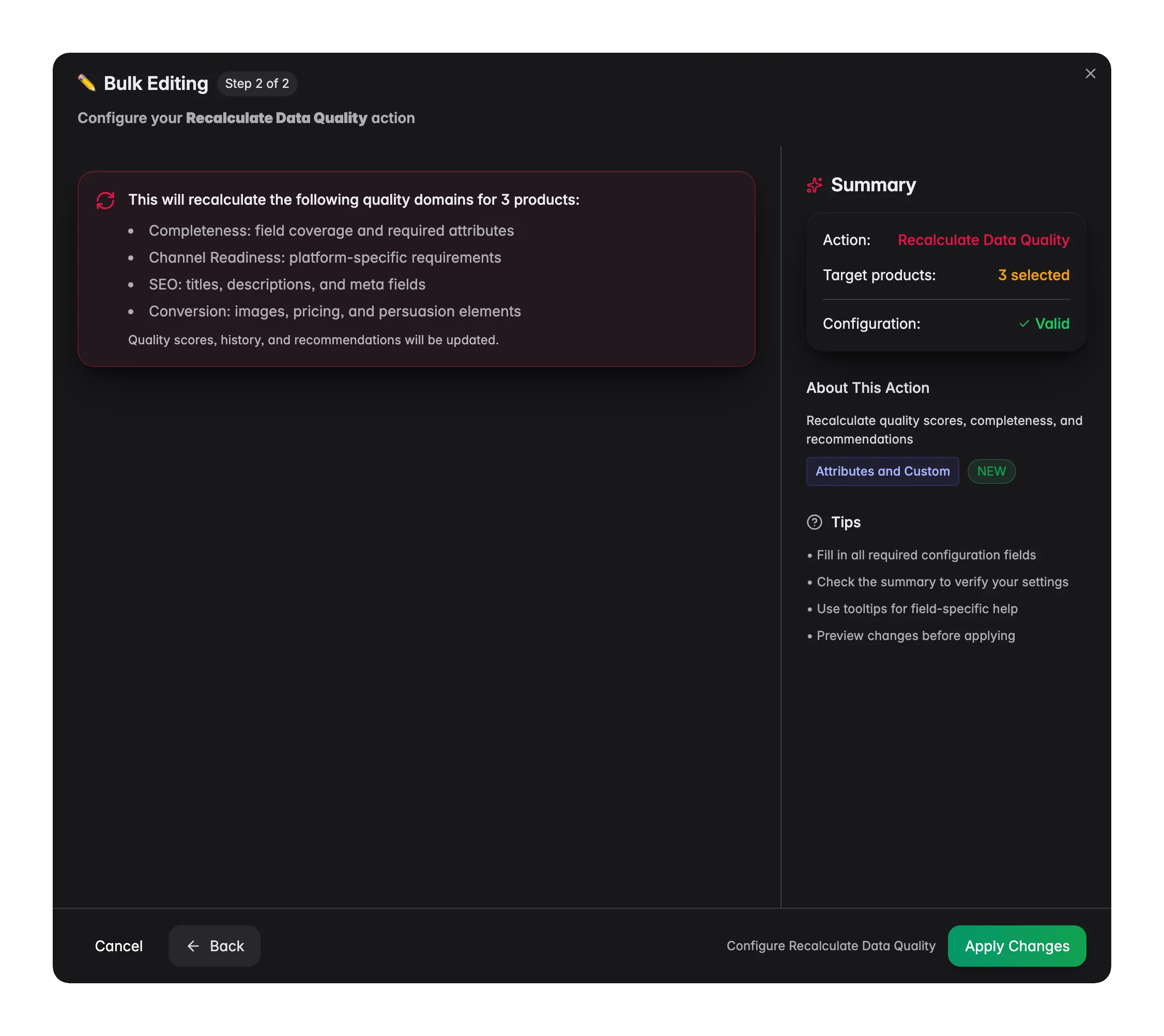 Bulk editing, Recalculate Data Quality across many products at once in WISEPIM