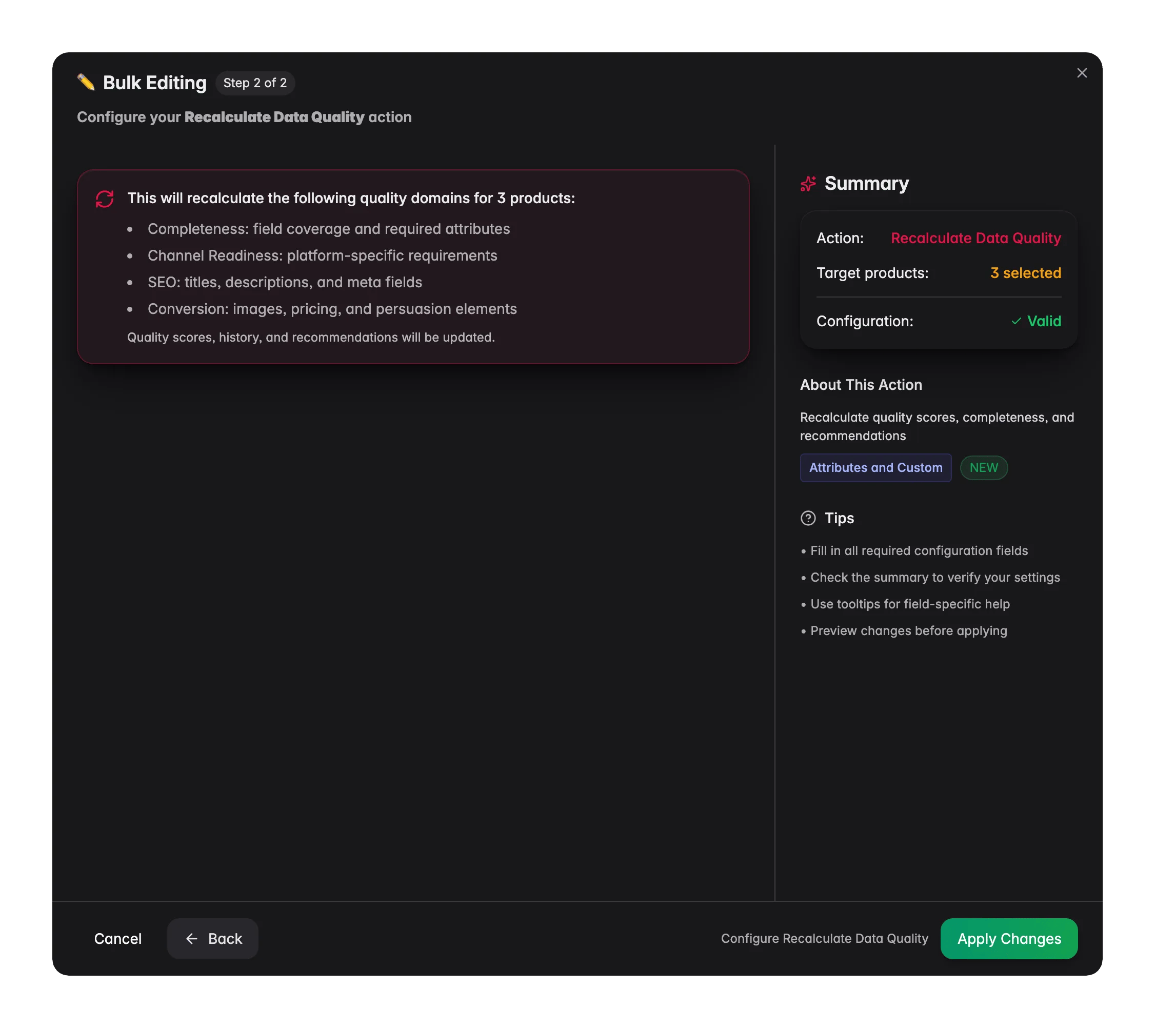 Bulk editing, Recalculate Data Quality across many products at once in WISEPIM