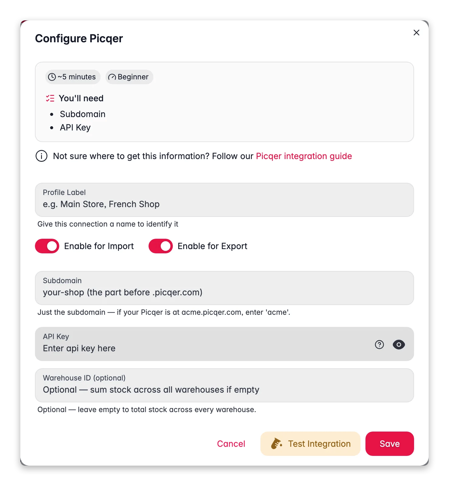 Connecting Picqer to WISEPIM, subdomain, API key, warehouse ID and a live connection test