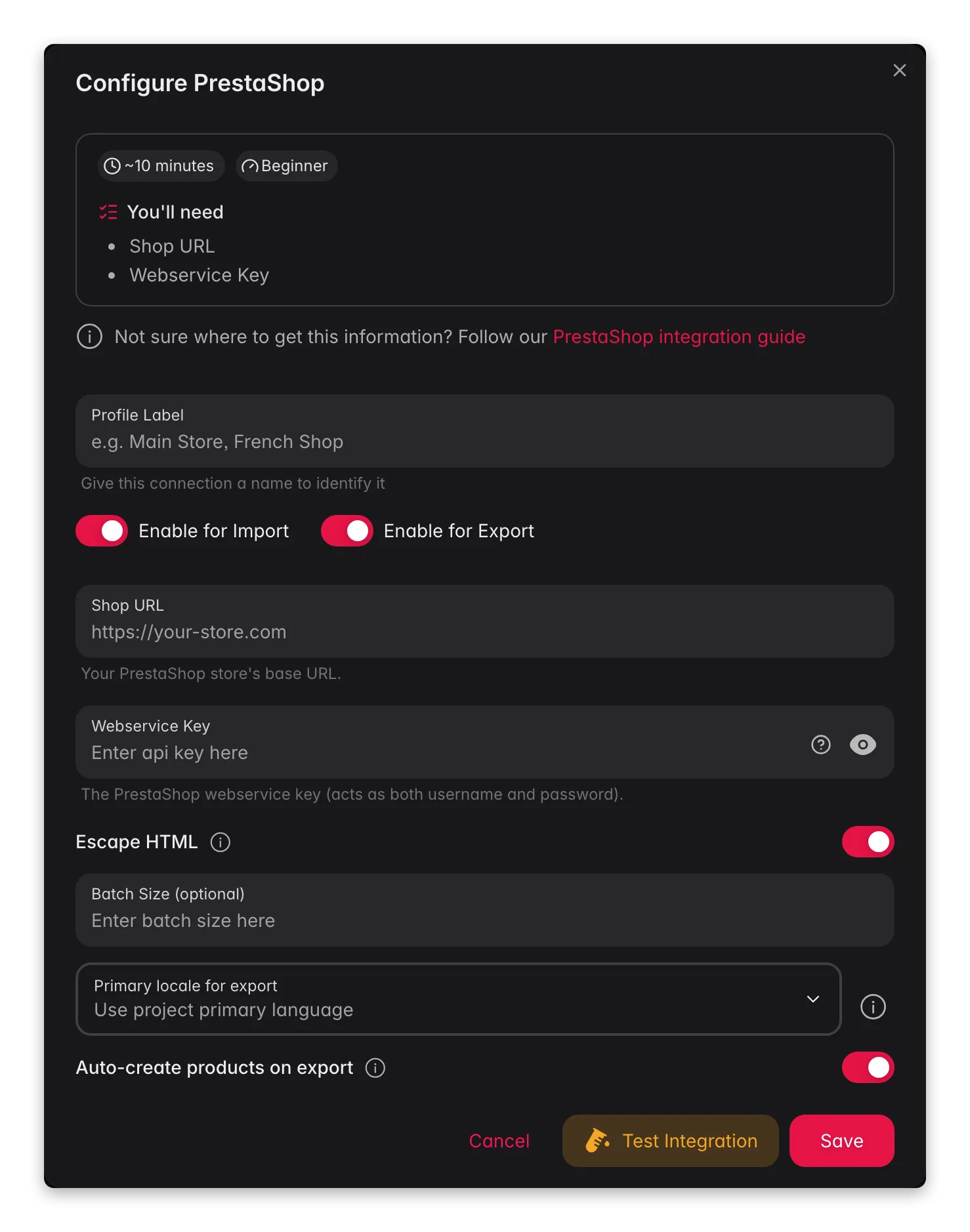 Connecting PrestaShop to WISEPIM, shop URL, webservice key, locale mapping and a live connection test