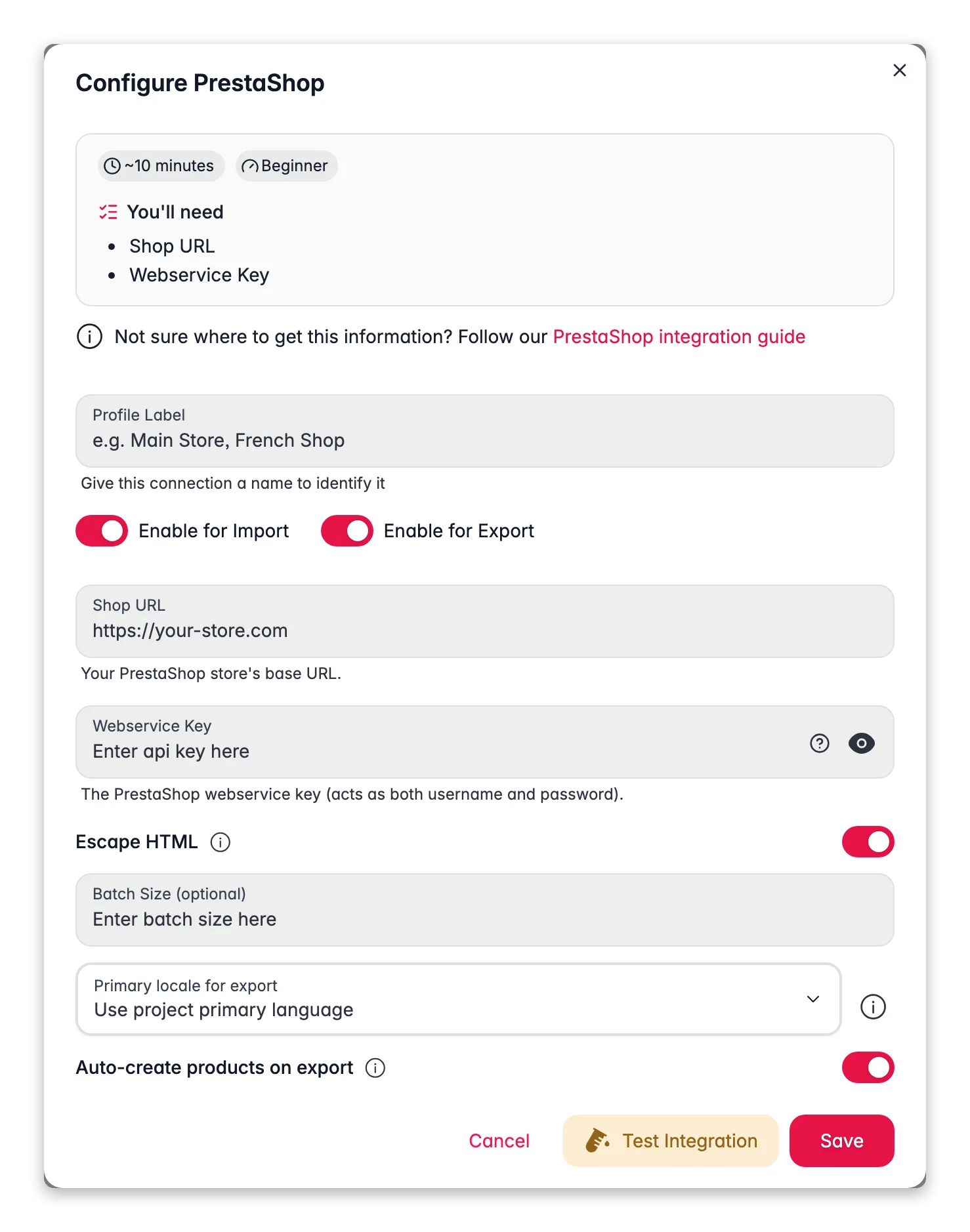Connecting PrestaShop to WISEPIM, shop URL, webservice key, locale mapping and a live connection test