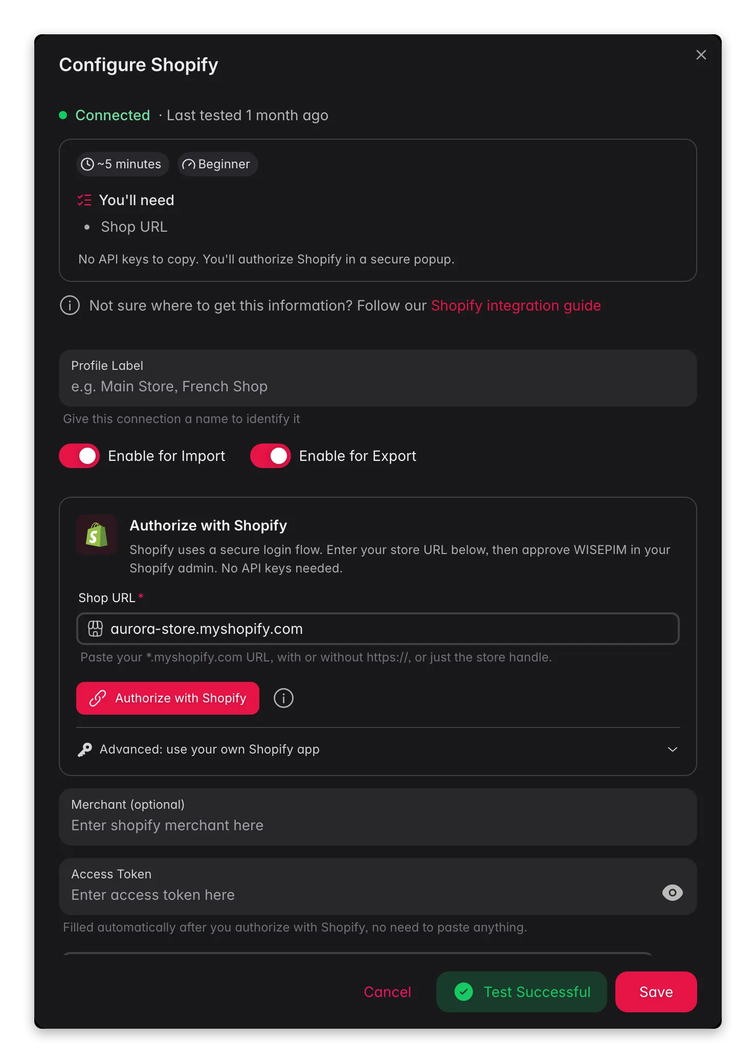 Connecting Shopify to WISEPIM, credentials, locale mapping and a live connection test
