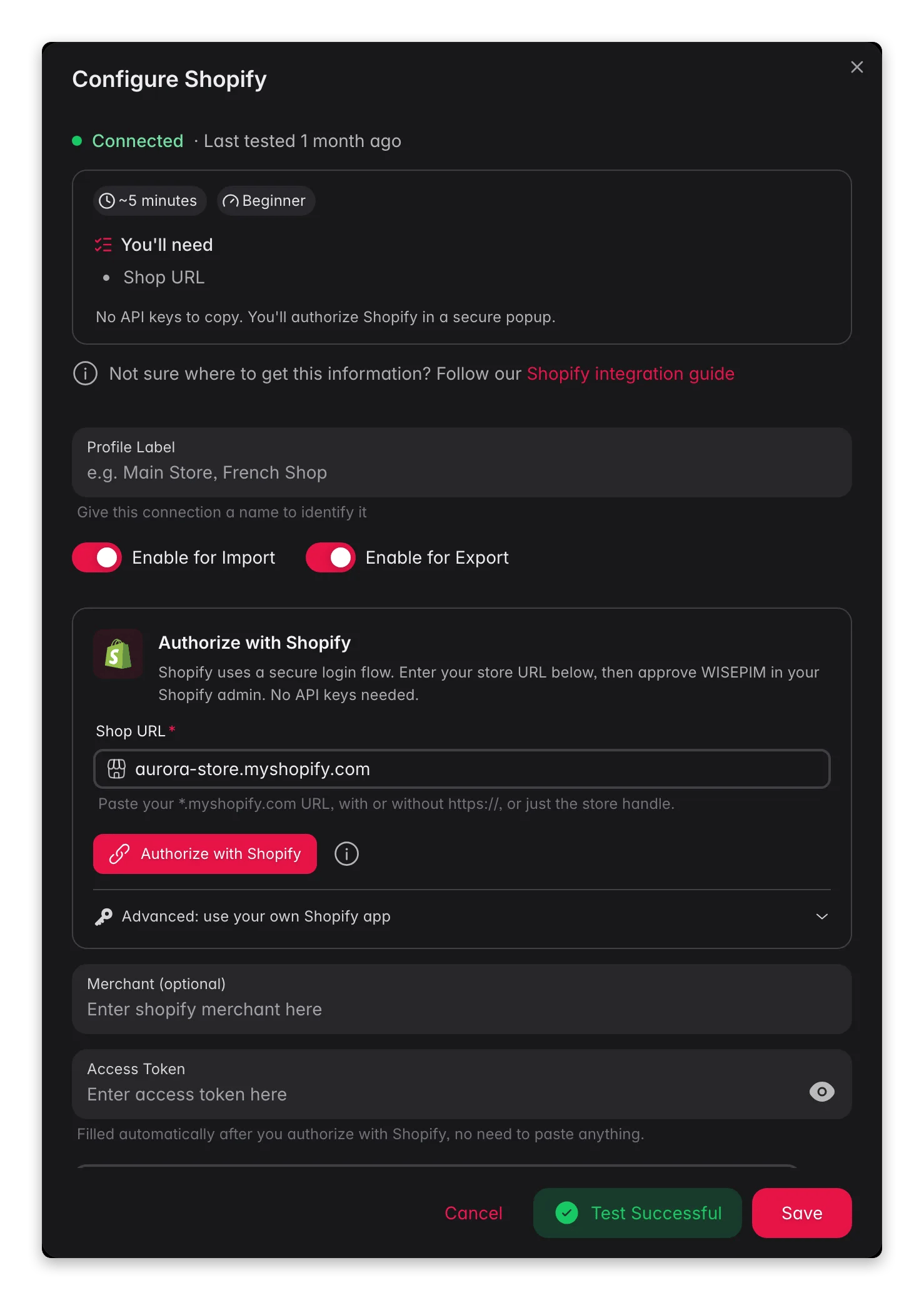 Connecting Shopify to WISEPIM, credentials, locale mapping and a live connection test