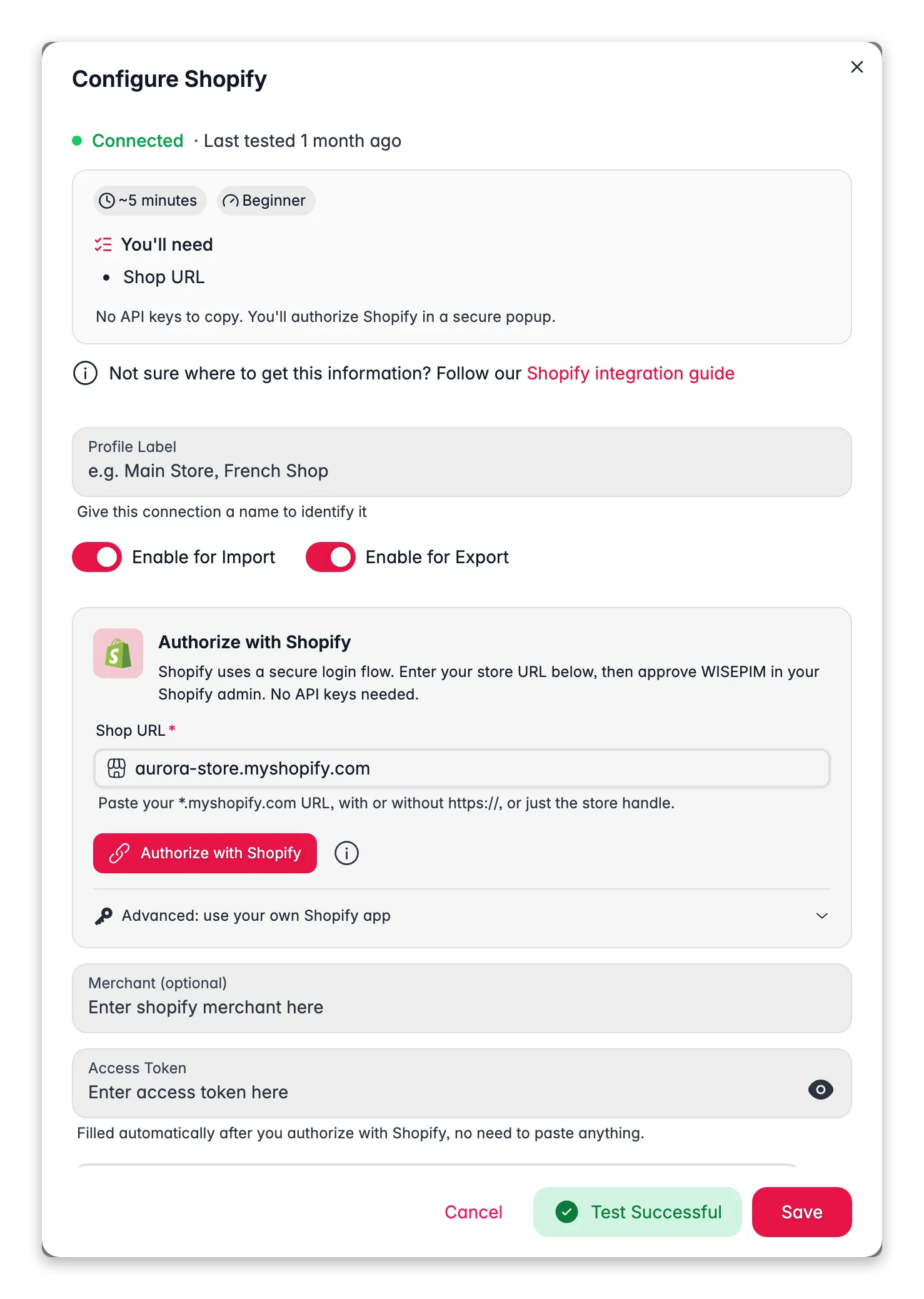 Connecting Shopify to WISEPIM, credentials, locale mapping and a live connection test