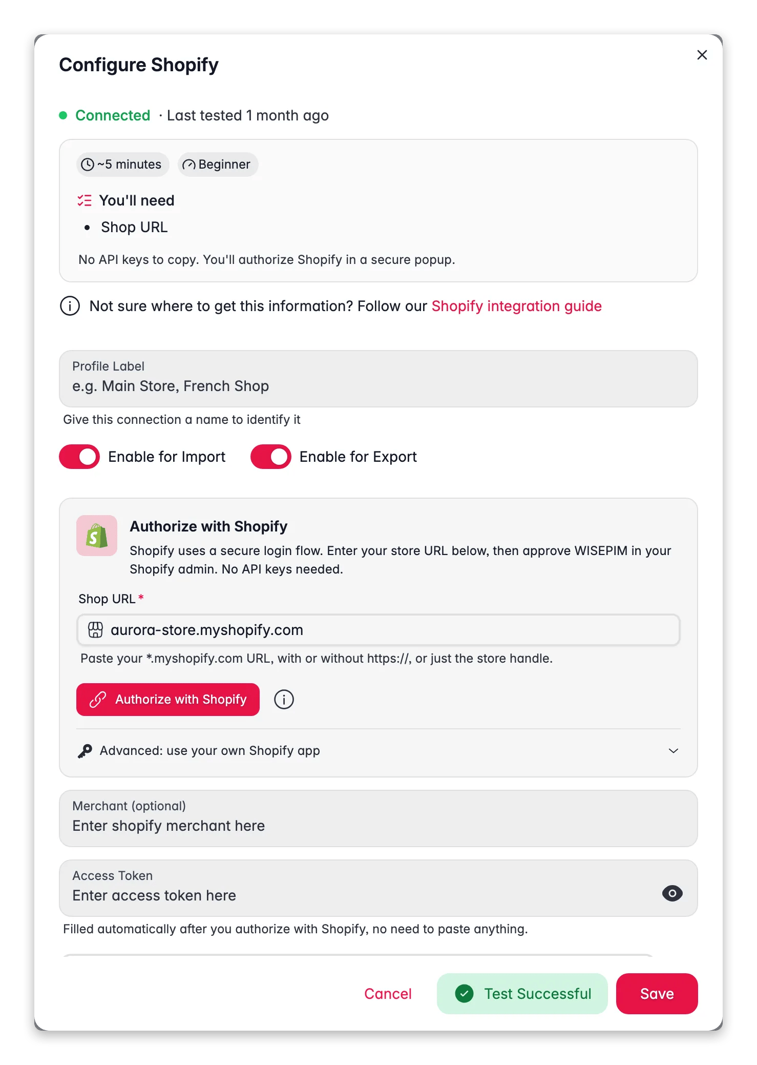 Connecting Shopify to WISEPIM, credentials, locale mapping and a live connection test