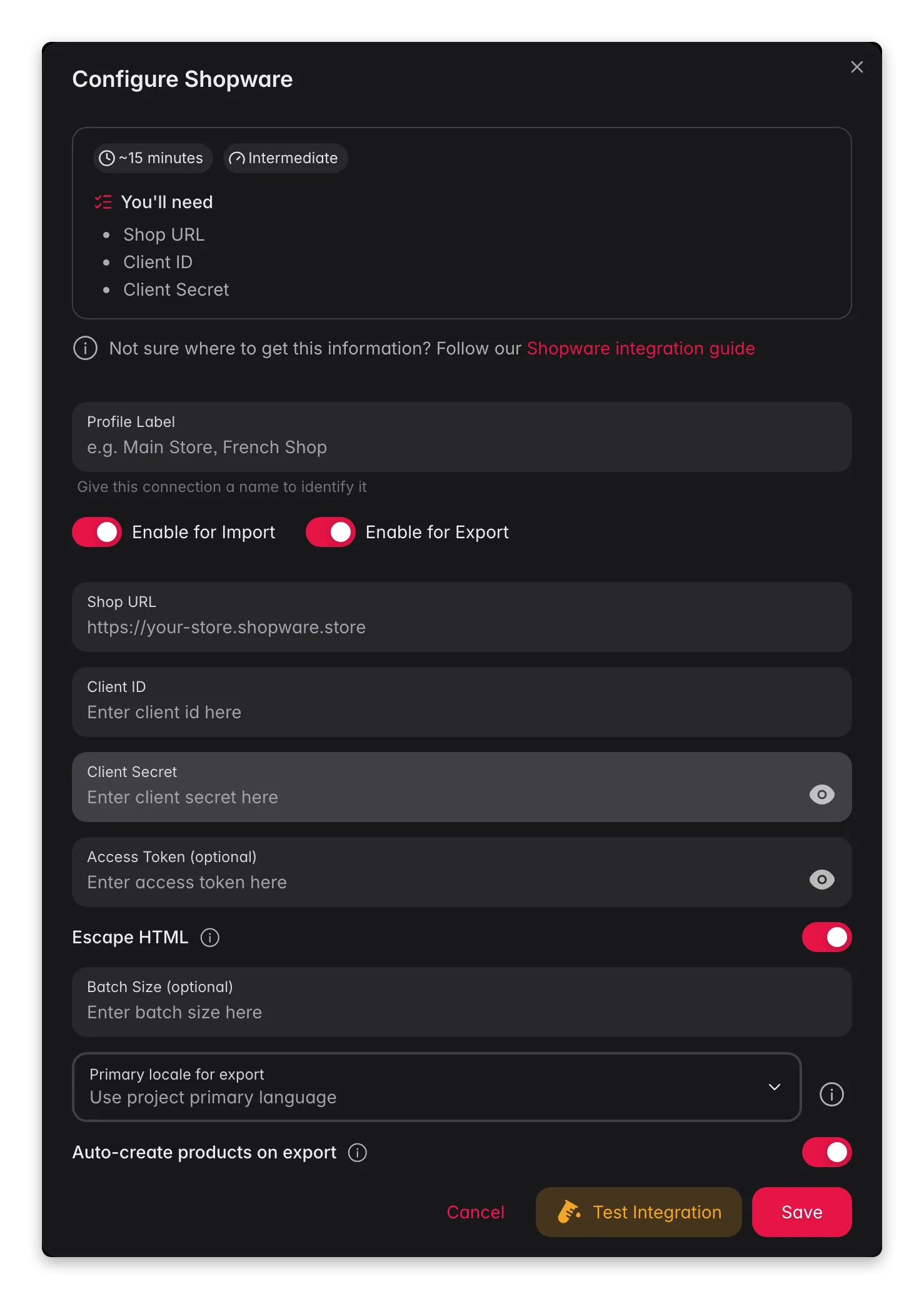 Connecting Shopware to WISEPIM, shop URL, client credentials, locale mapping and a live connection test