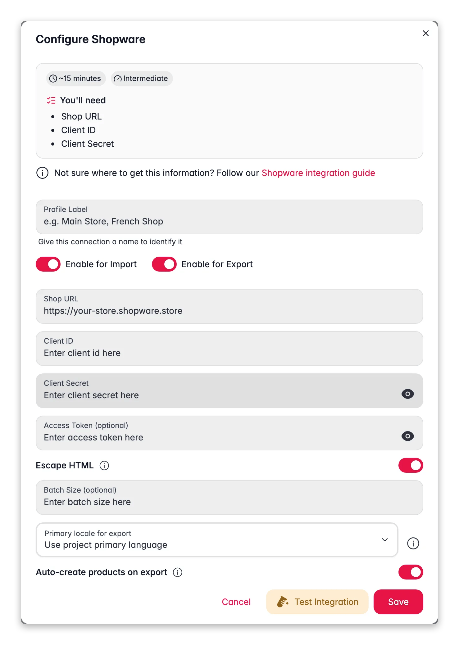 Connecting Shopware to WISEPIM, shop URL, client credentials, locale mapping and a live connection test