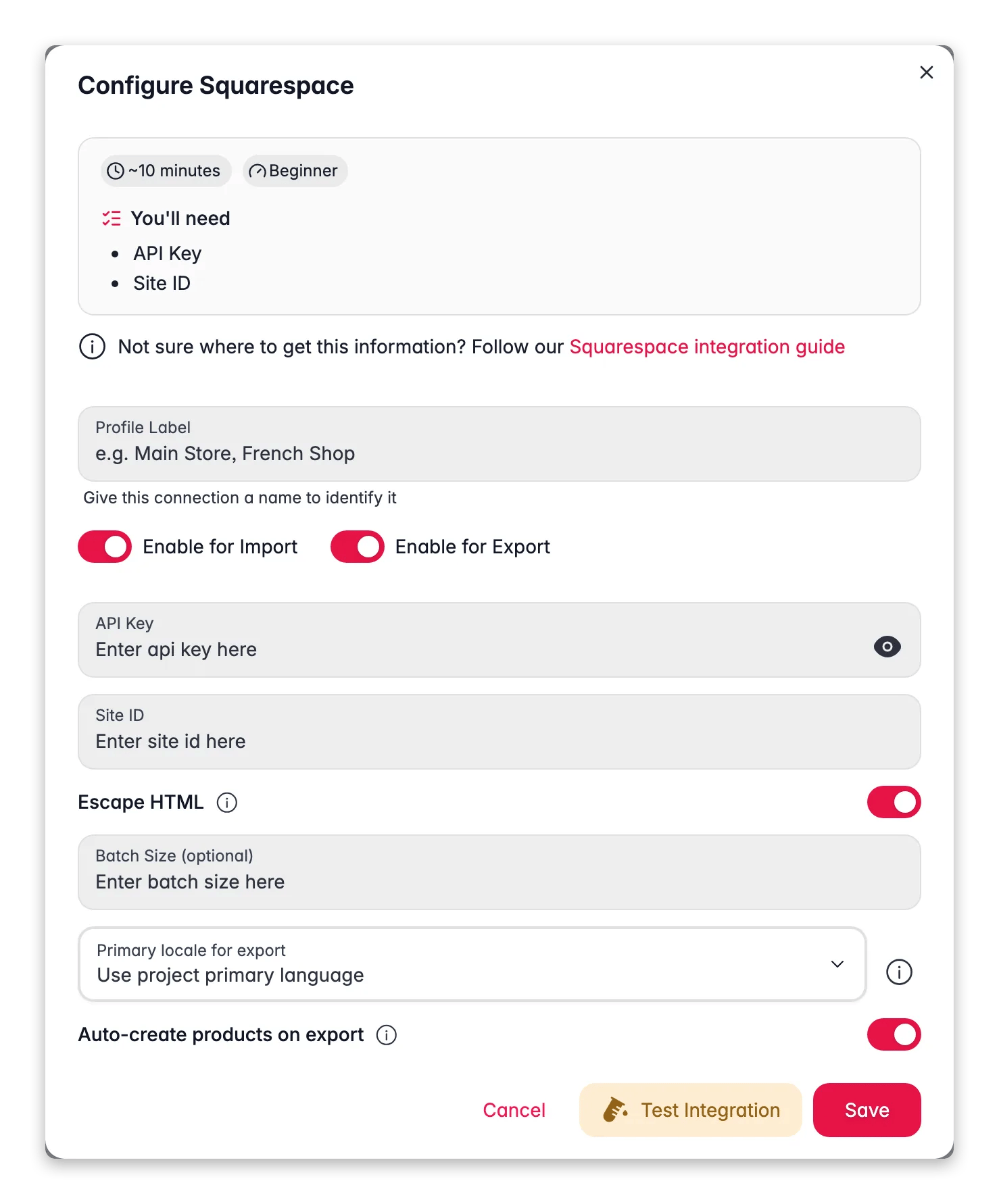 Connecting Squarespace to WISEPIM, API key, site ID and a live connection test