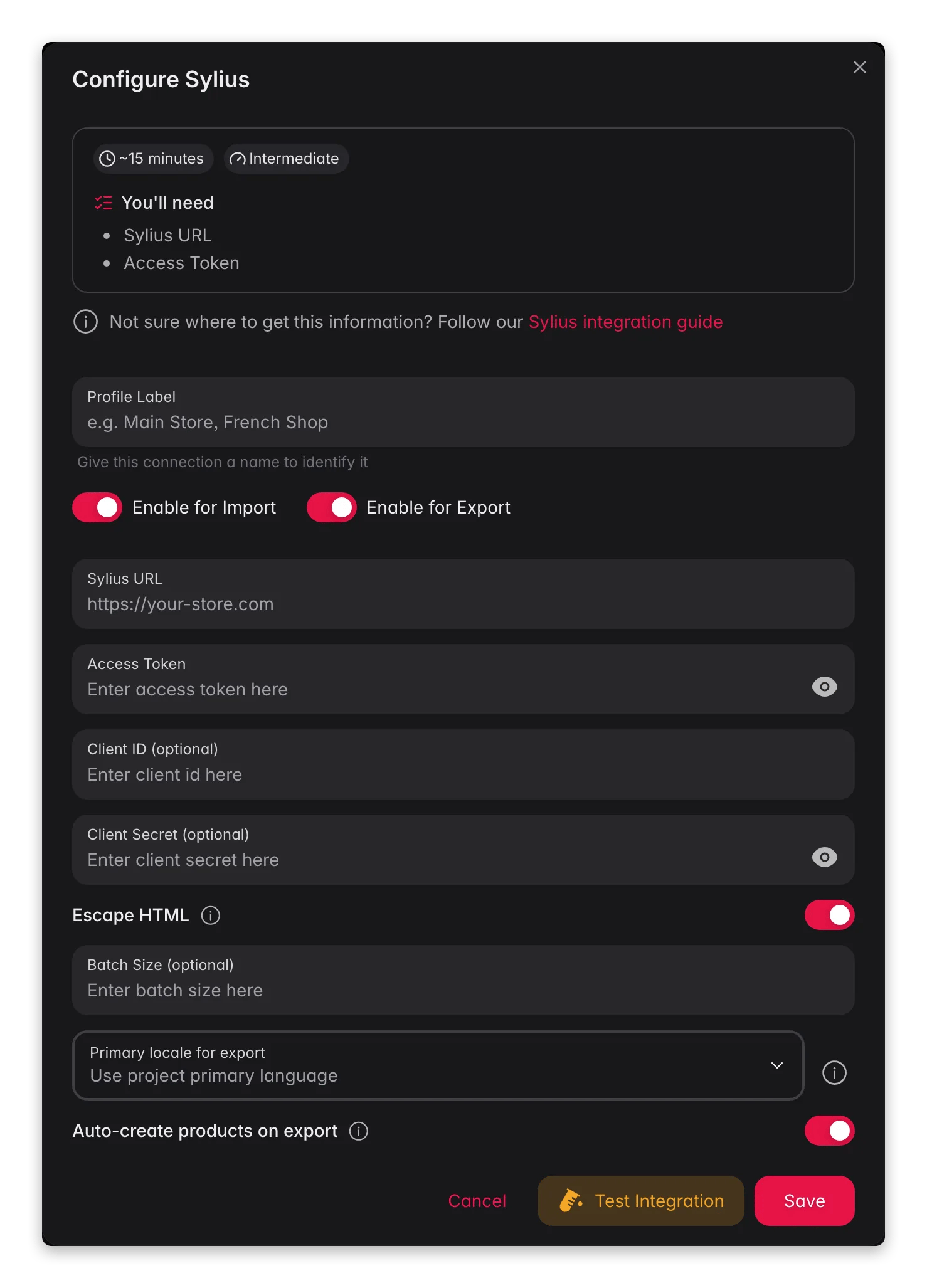 Connecting Sylius to WISEPIM, store URL, access token, locale mapping and a live connection test