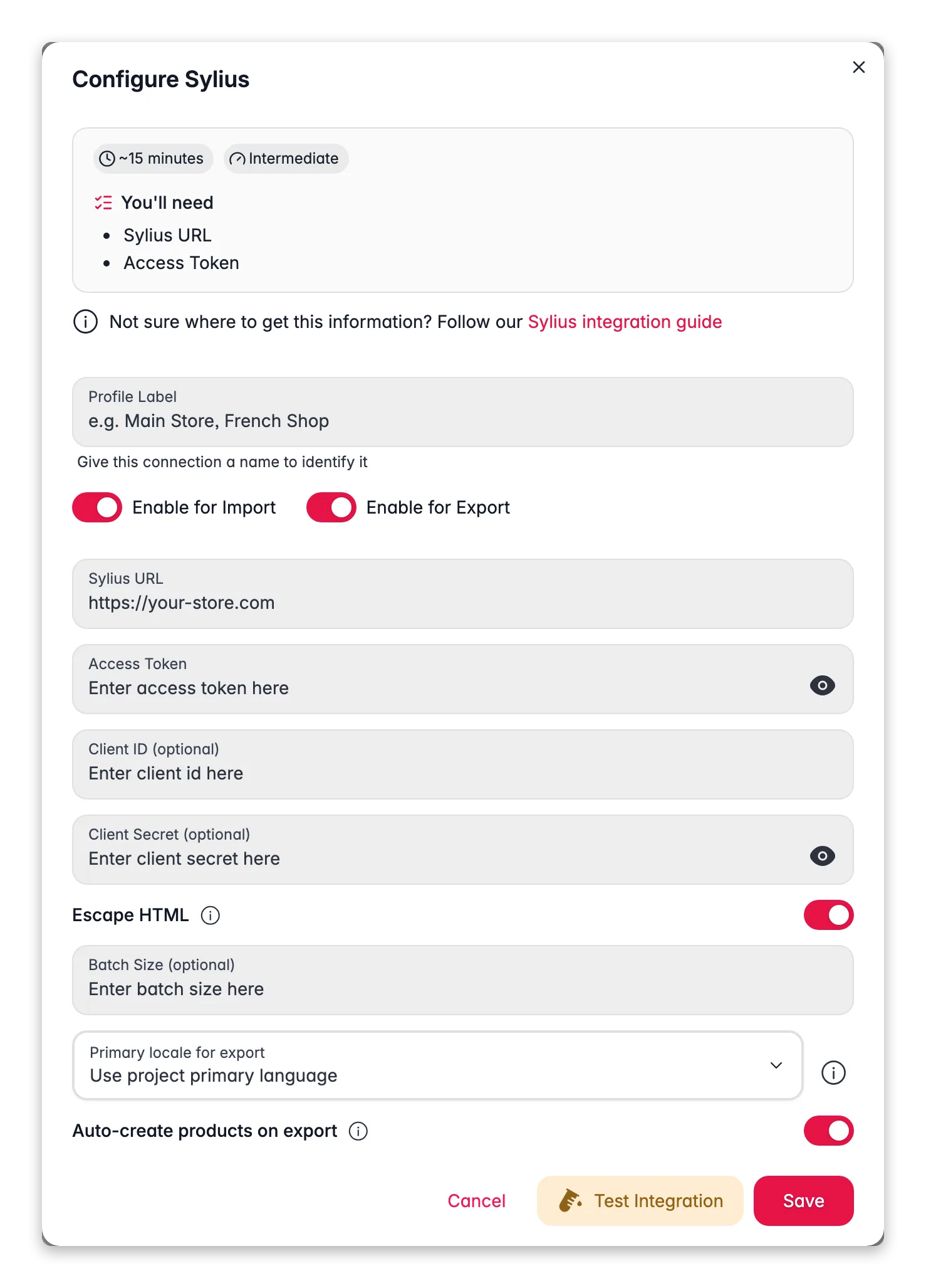 Connecting Sylius to WISEPIM, store URL, access token, locale mapping and a live connection test