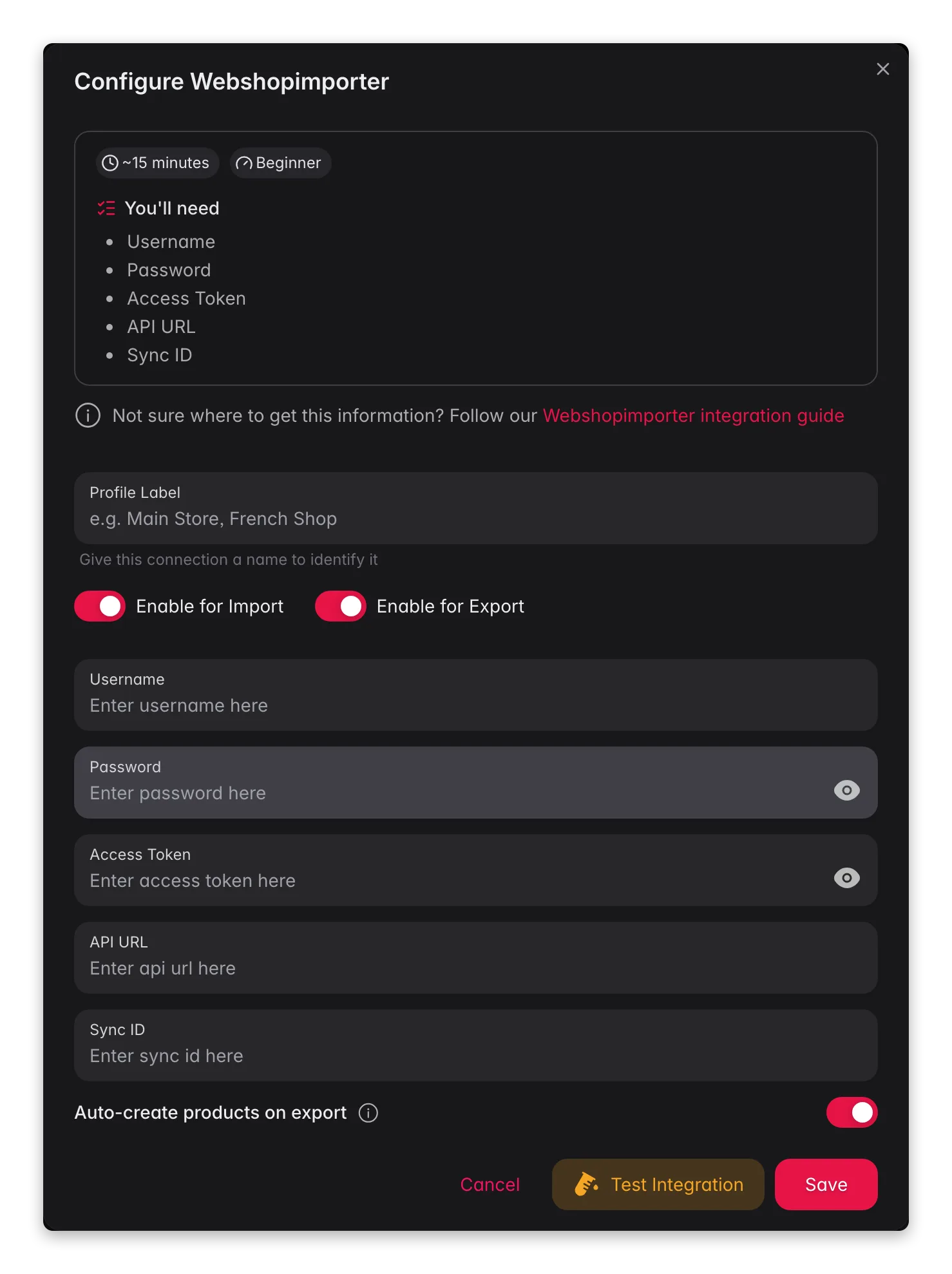 Connecting Webshopimporter to WISEPIM, credentials, locale mapping and a live connection test
