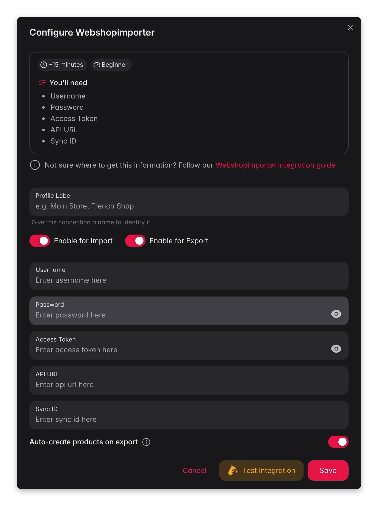 Connecting Webshopimporter to WISEPIM, credentials, locale mapping and a live connection test