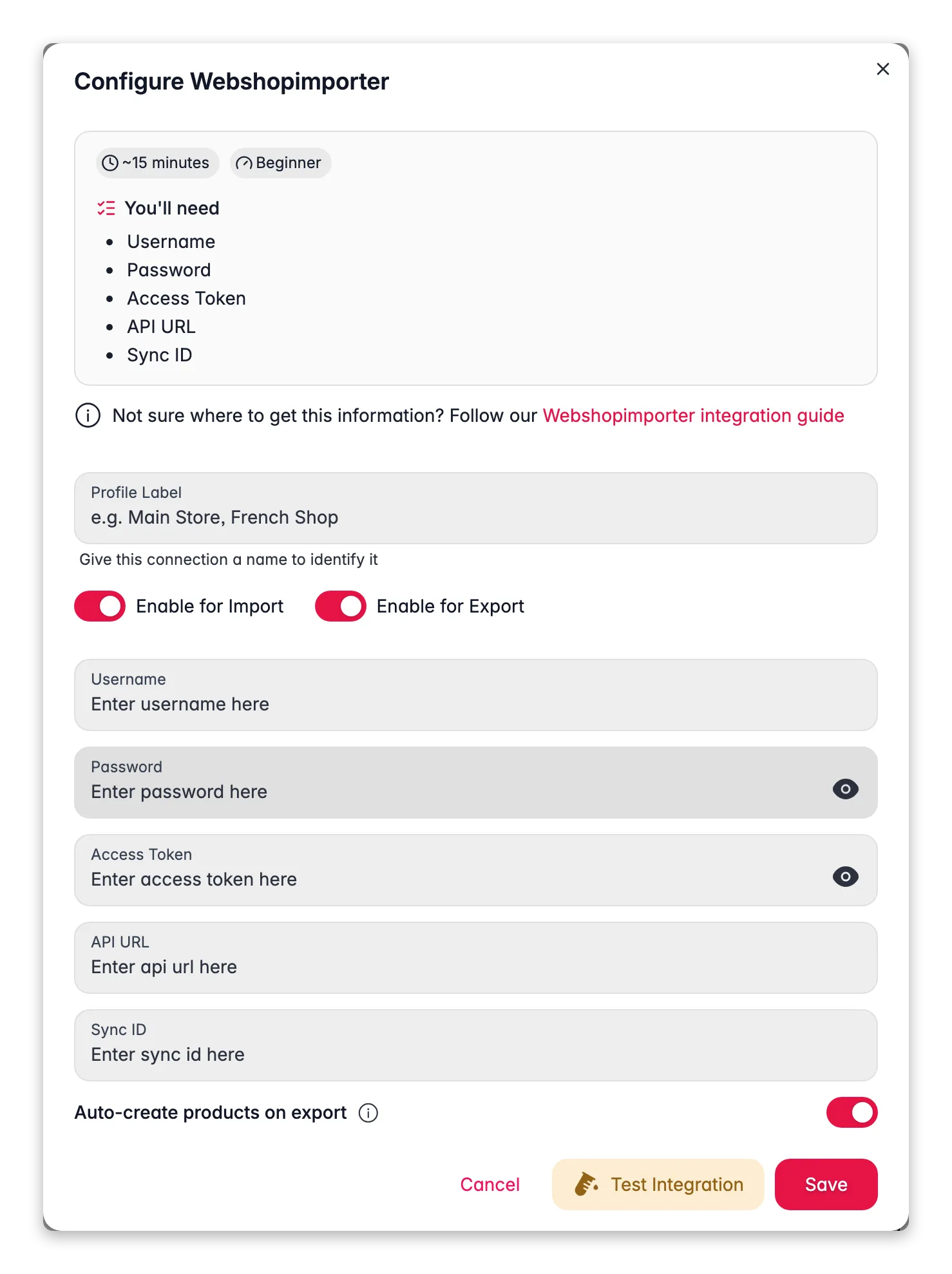 Connecting Webshopimporter to WISEPIM, credentials, locale mapping and a live connection test