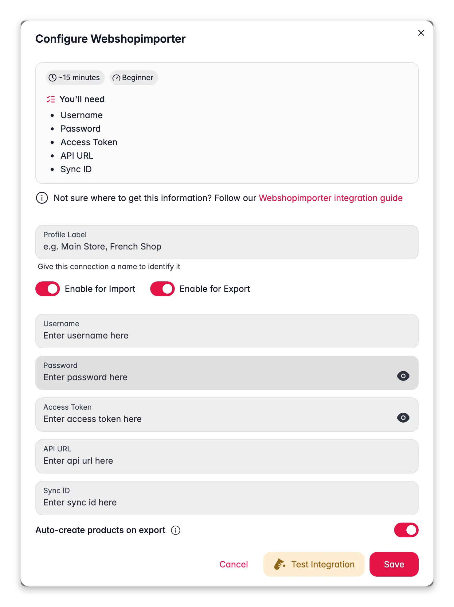 Connecting Webshopimporter to WISEPIM, credentials, locale mapping and a live connection test
