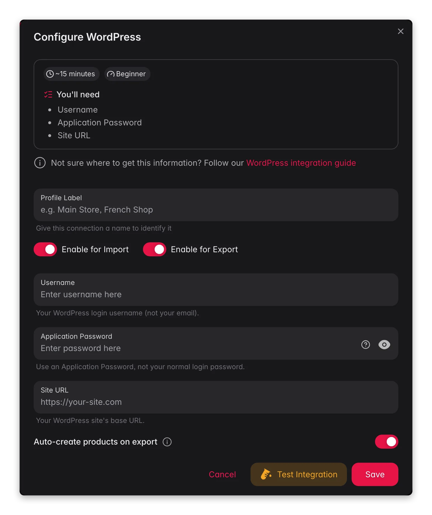 Connecting WordPress to WISEPIM, username, application password, site URL and a live connection test
